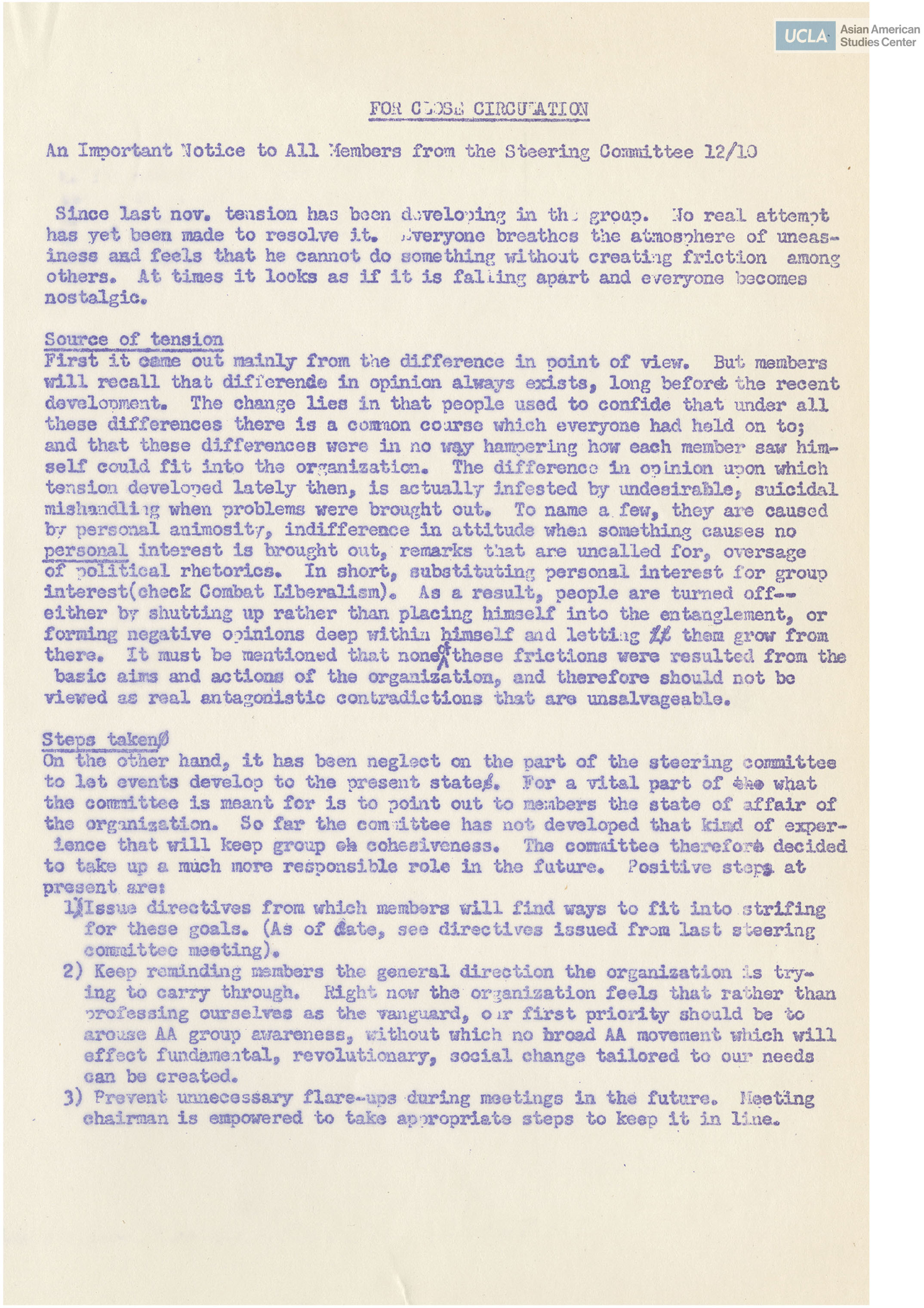 Notice to members of the Steering Committee.