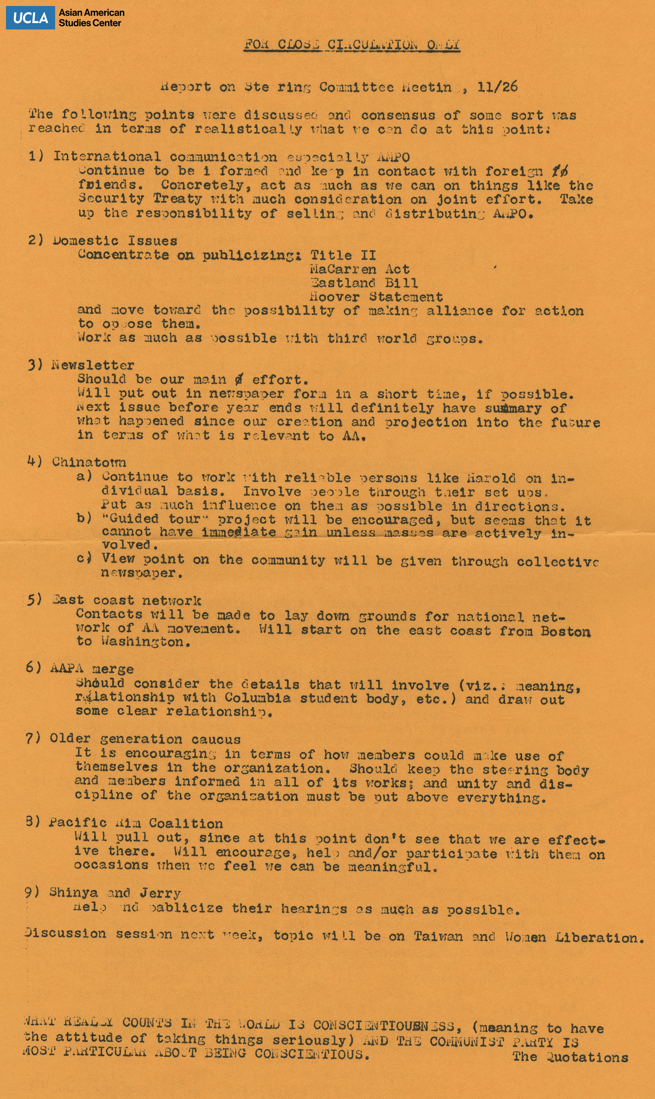 Notice to members of the Steering Committee of various topics.