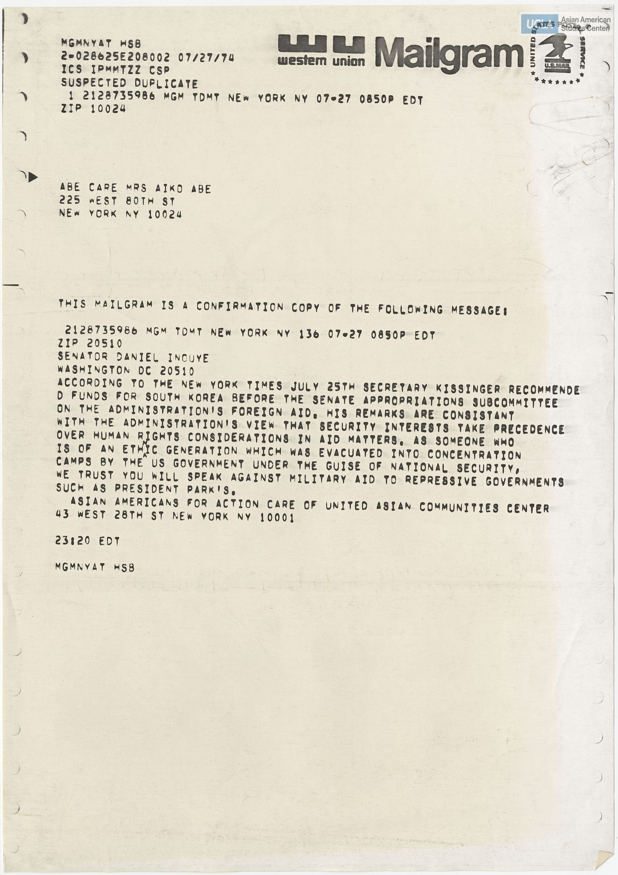 Mailgram and New York Times clipping regarding Secretary of State, Henry Kissinger's recommendation of funds for South Korea.