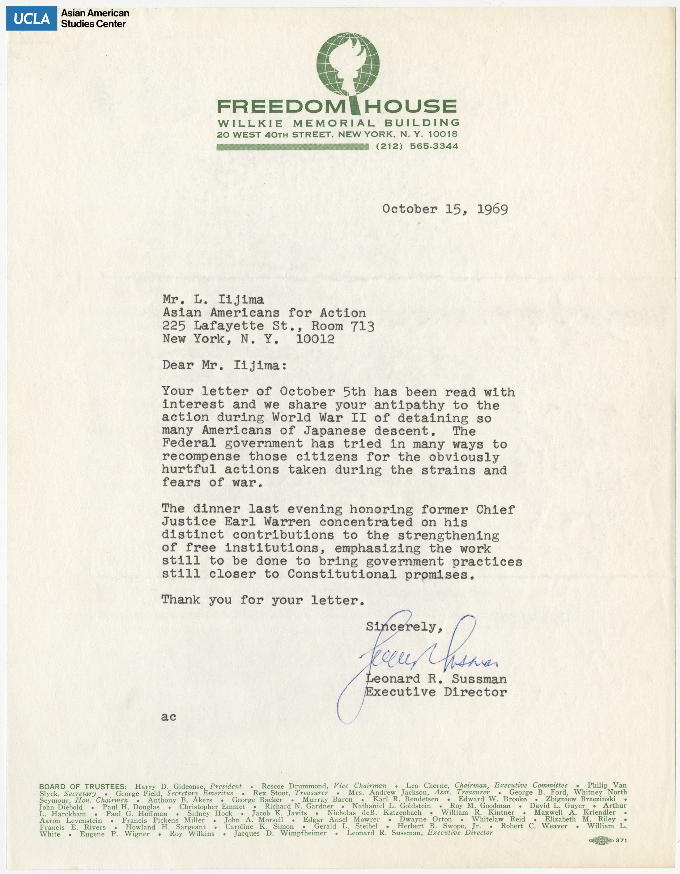 Letter regarding sharing solidarity with the unjust detainment of Japanese Americans during World War II.