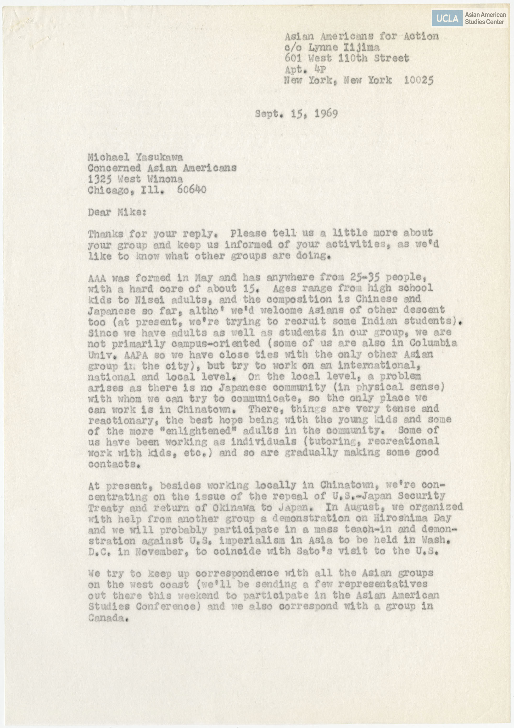 Letter regarding background information on Asian Americans for Action.