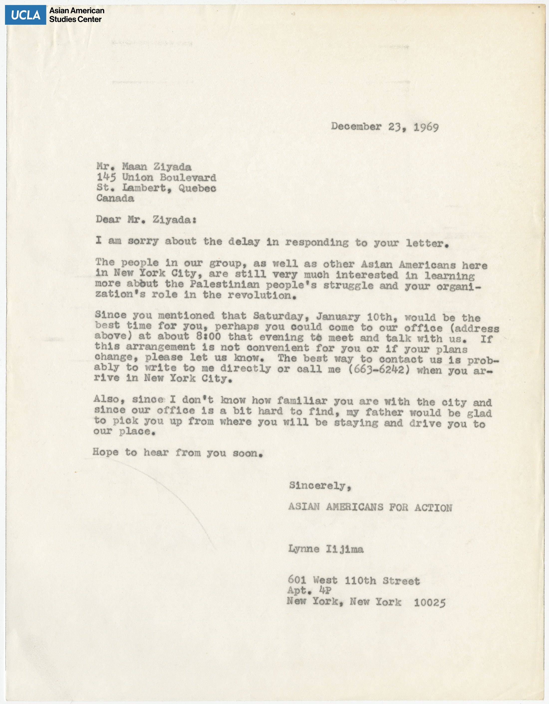 Letter of response regarding learning about the struggle of Palestinian people and the organization's role.
