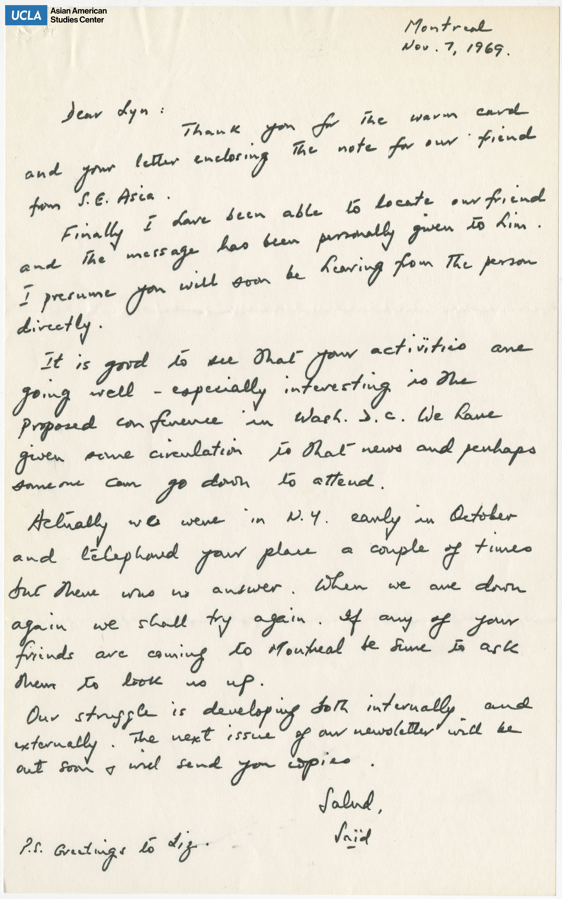 Letter regarding an update of activities and a proposed conference in Washington, D.C.