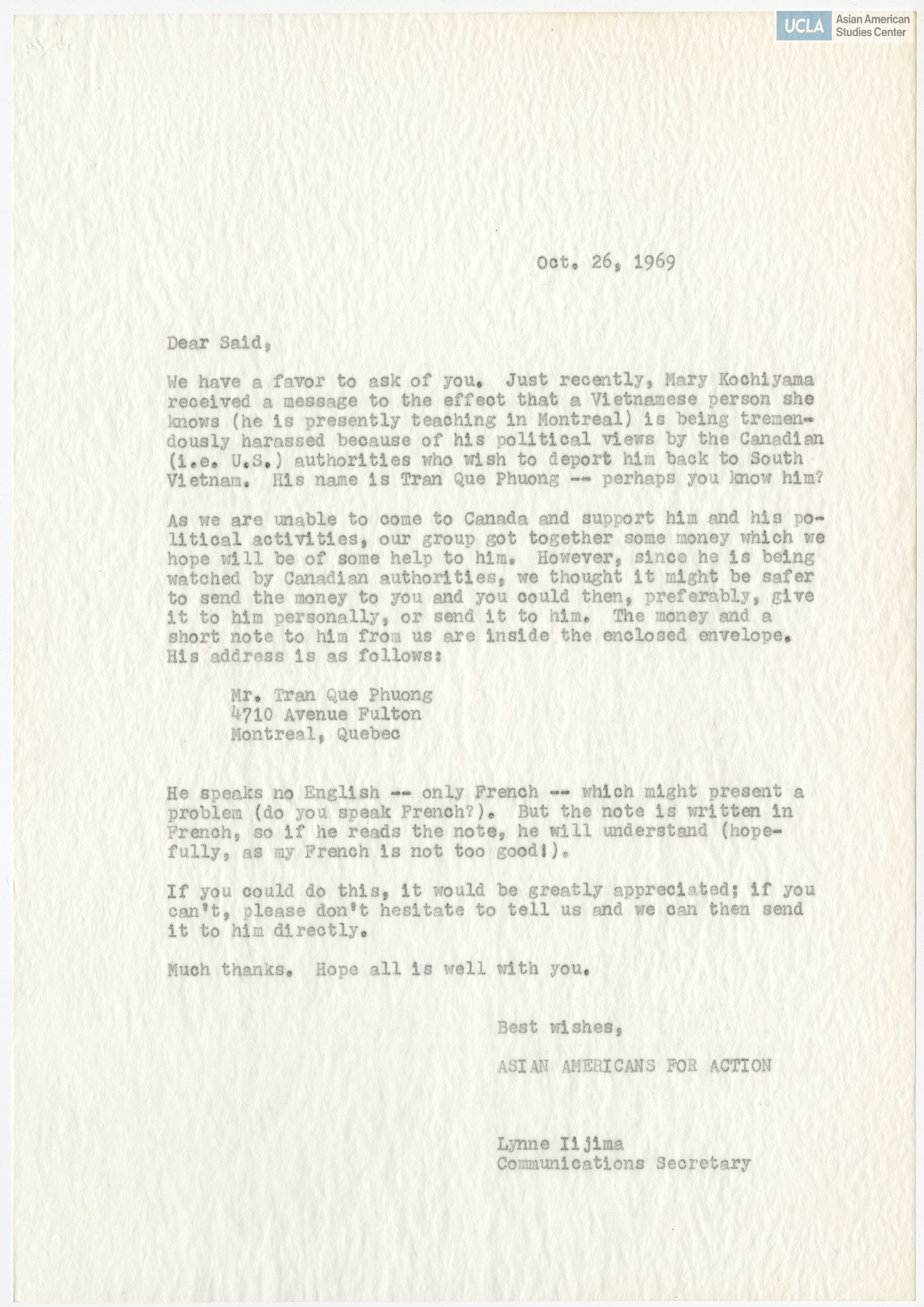 Letter regarding asking for assistance for a Vietnamese person in Canada being harassed.