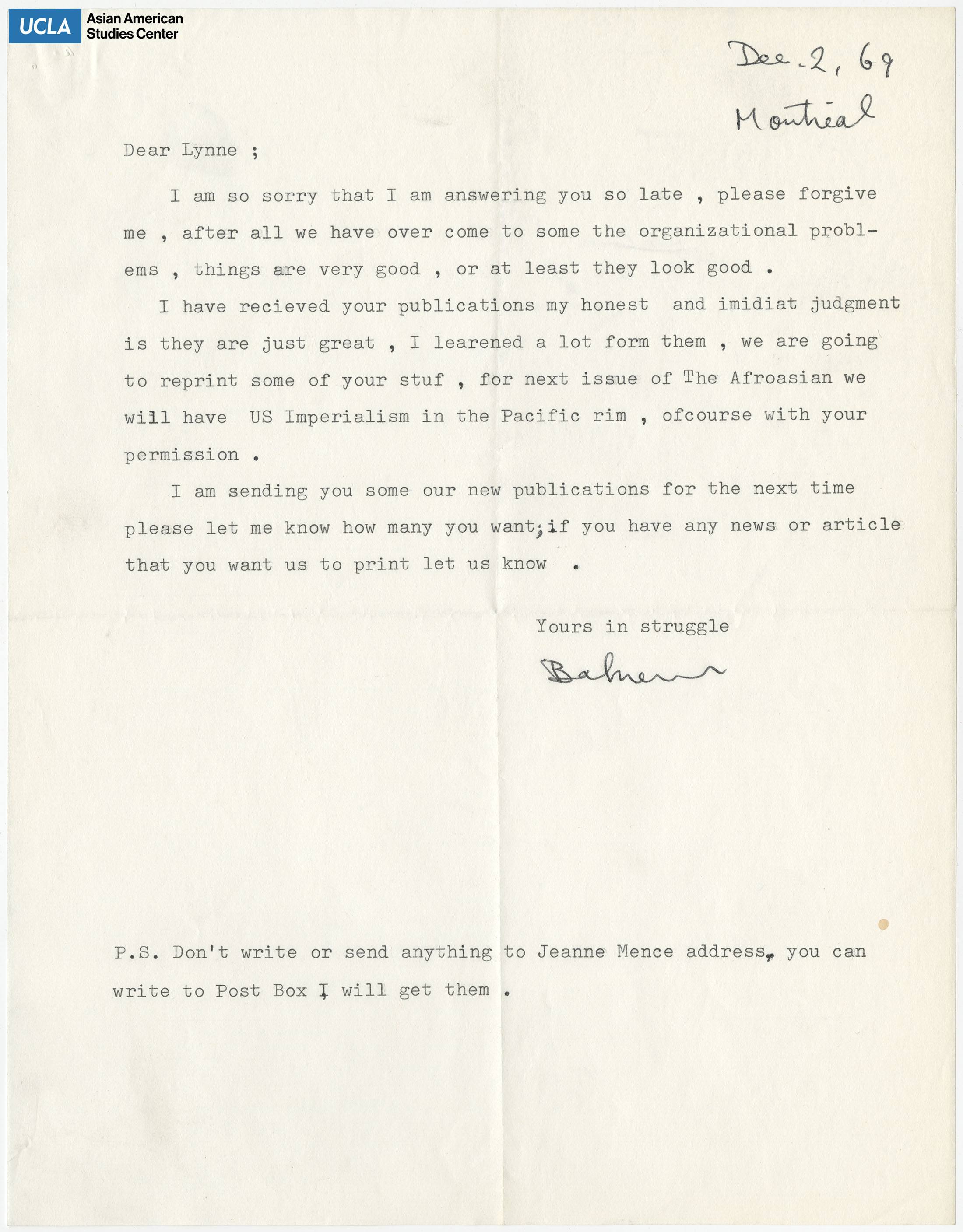 Letter of response regarding receiving the publications.
