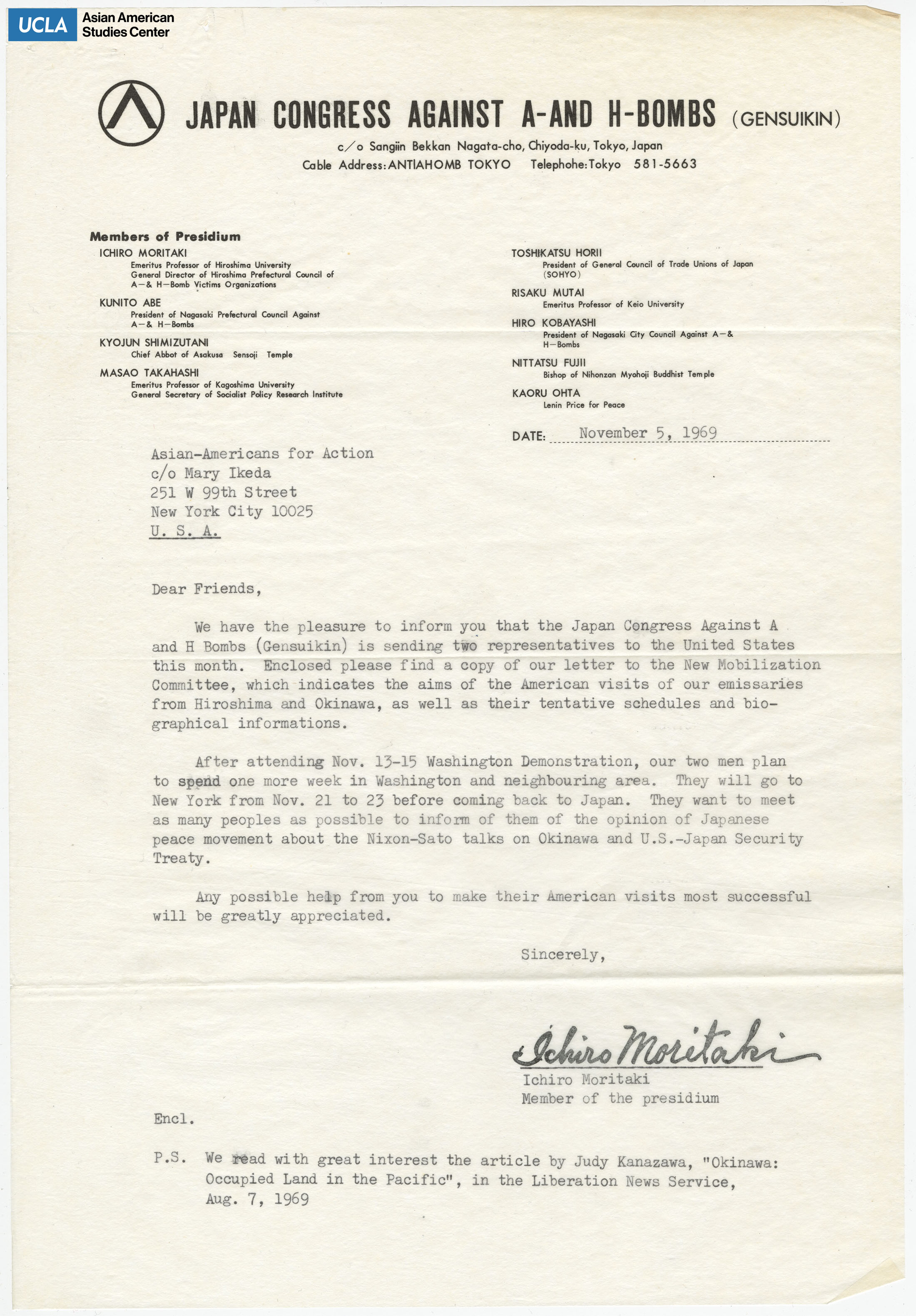 Letter regarding sending two representatives from the Japan Congress Agasint A and H Bombs to the United States.