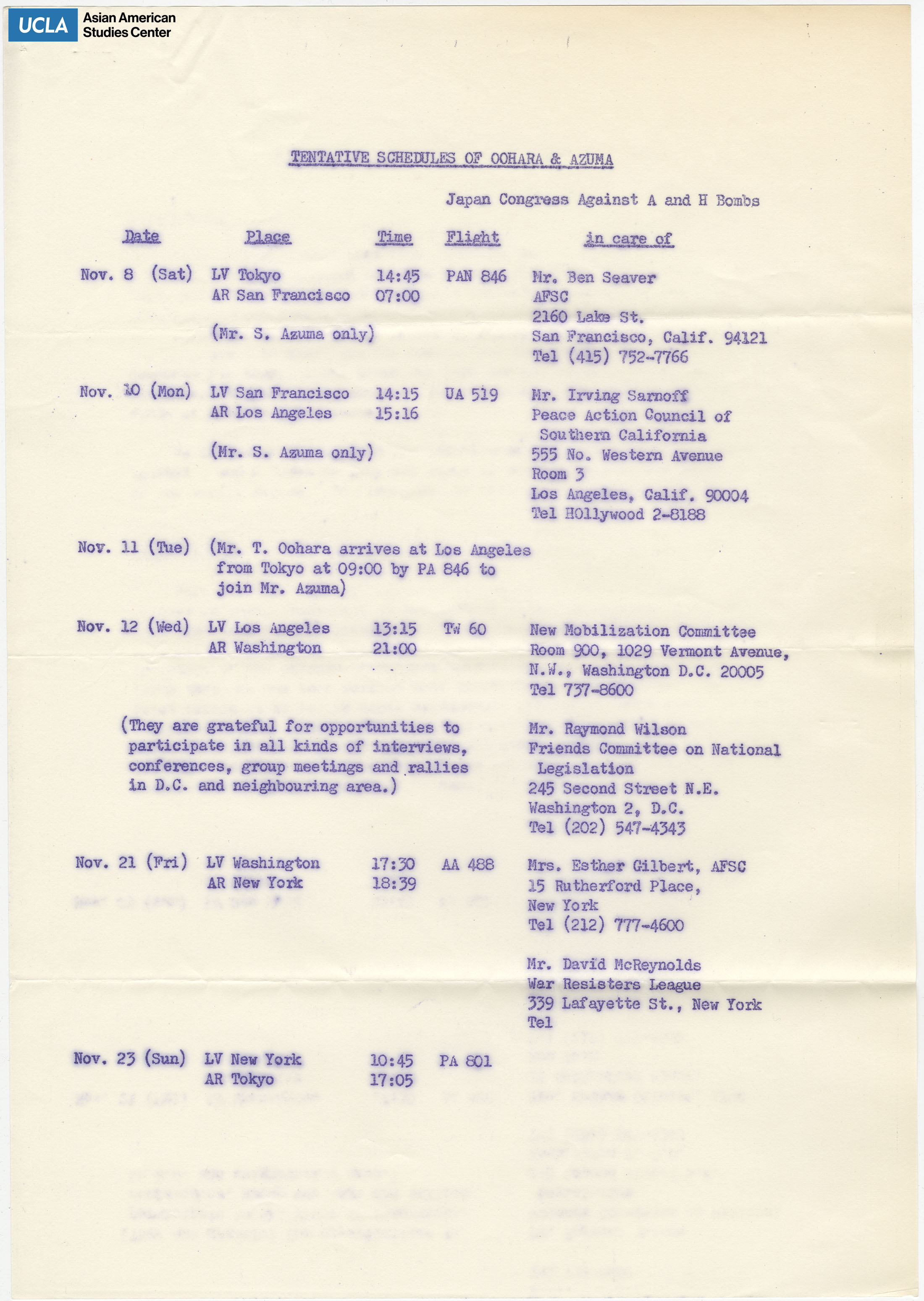 A tentative schedule for two representatives of Japan Congress Against A and H Bombs visiting the United States.