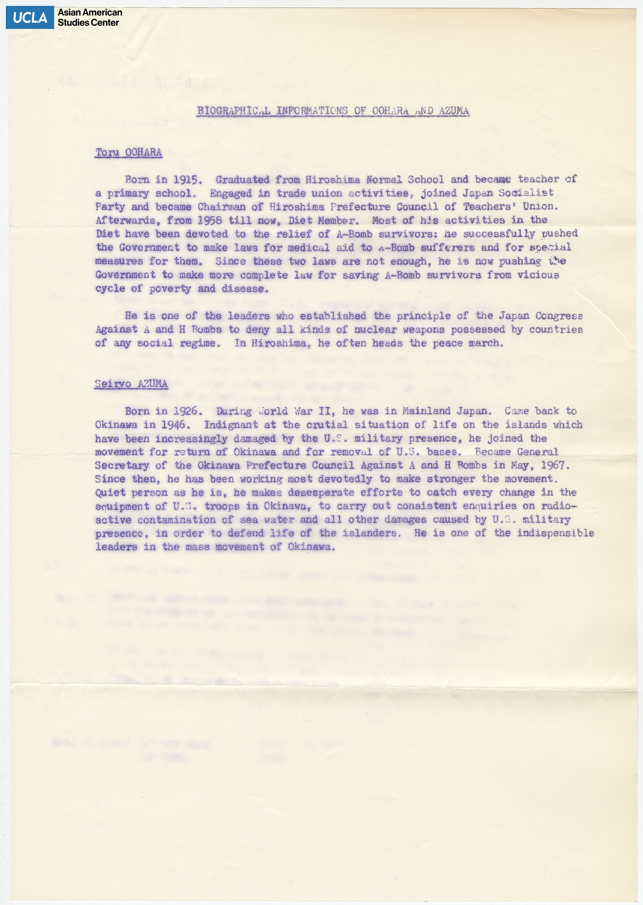 Biographies of Toru Oohara and Seiryo Azuma, representatives of Japan Congress Against A and H Bombs.
