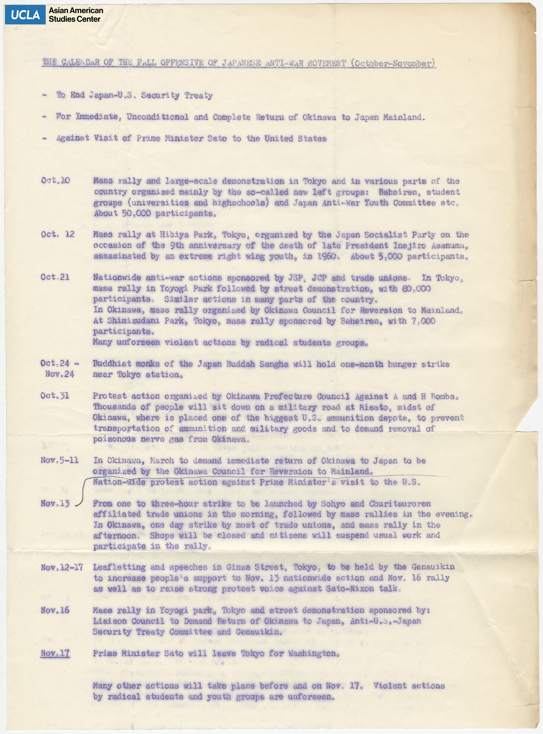 Calendar of events for the month of October and November on the Japanese Anti-War Movement.