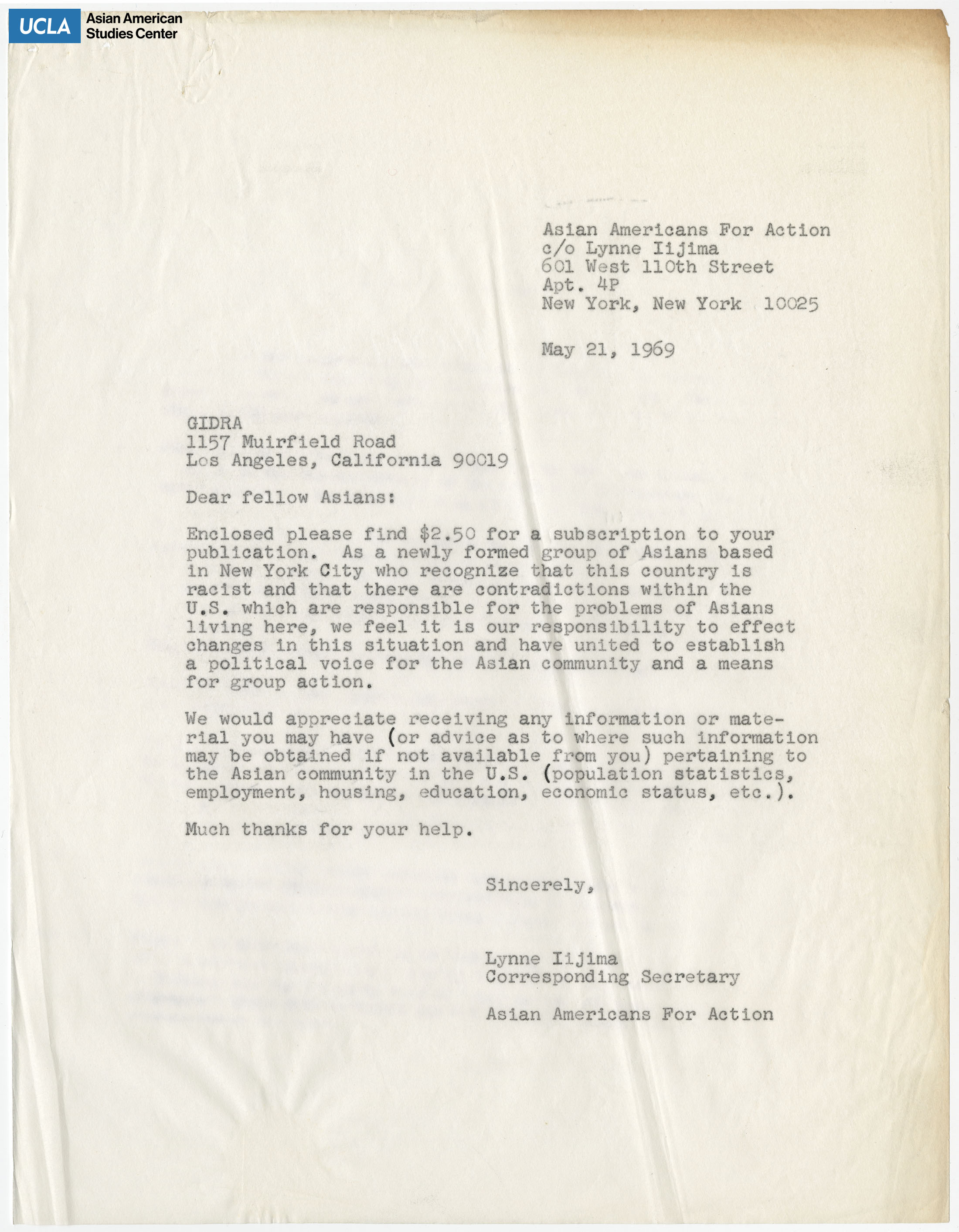 Letter regarding including a subscription payment to the Gidra publication. Includes request for information on the Asian community in the United States.