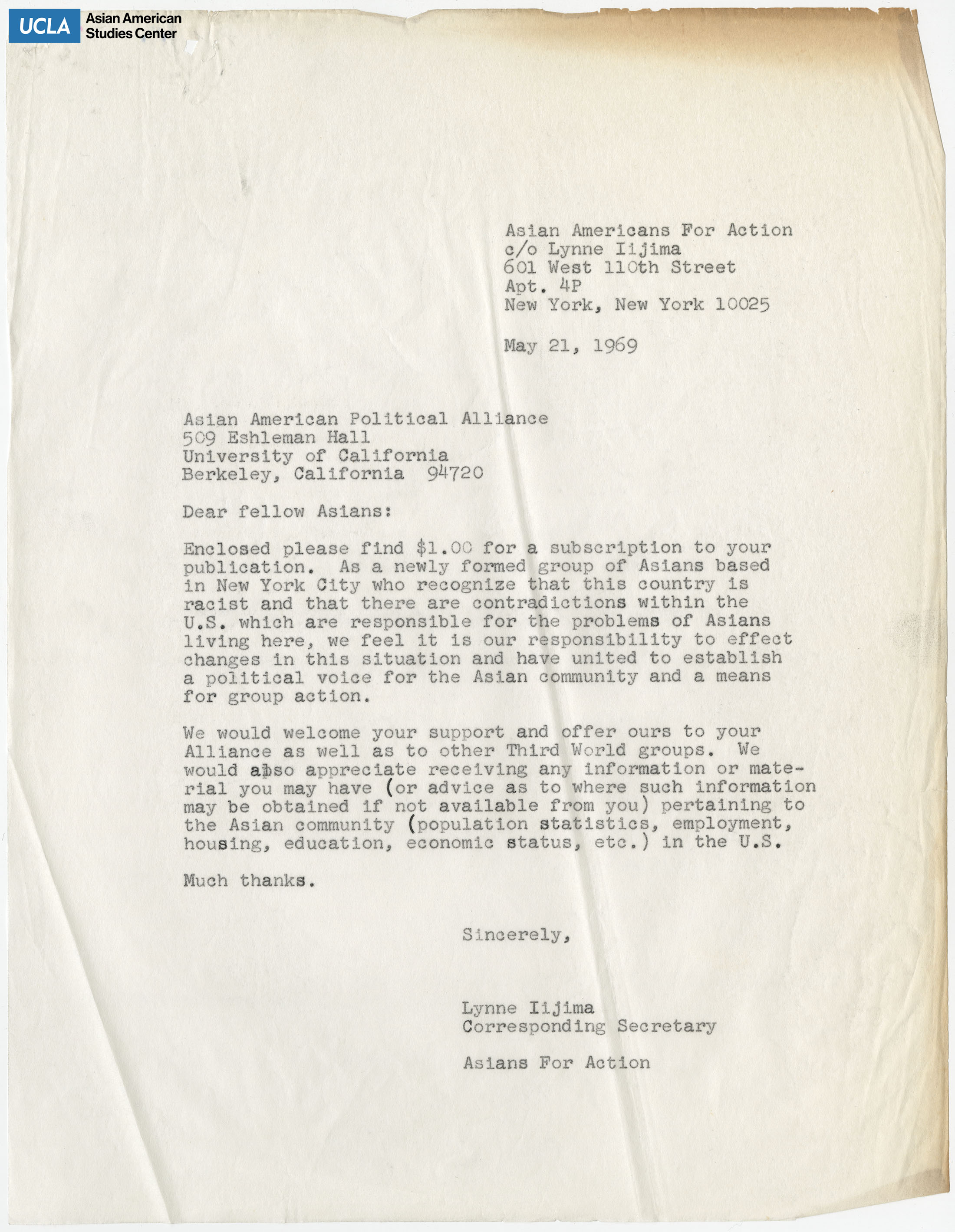 Letter regarding including a subscription payment to the Asian American Political Alliance publication. Includes request for information on the Asian community in the United States.
