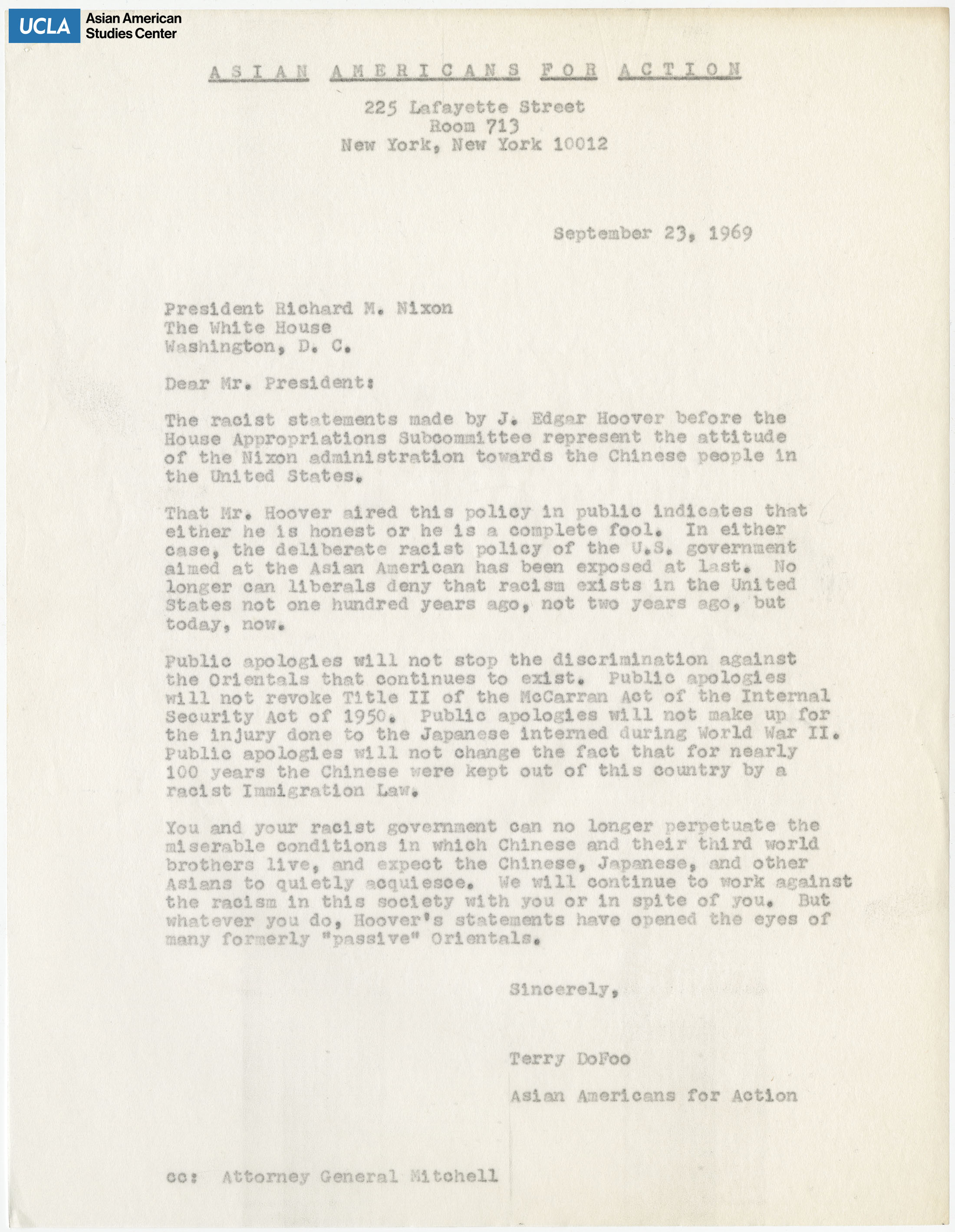 Letter regarding racist statements made by J. Edgar Hoover on the House Appropriations Subcommittee.
