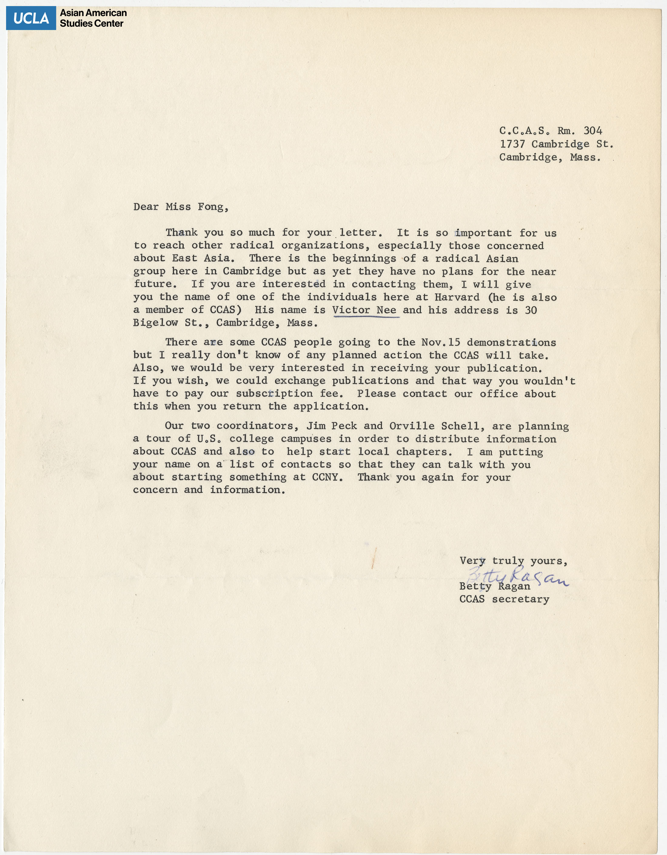 Letter regarding the tour of college campuses.