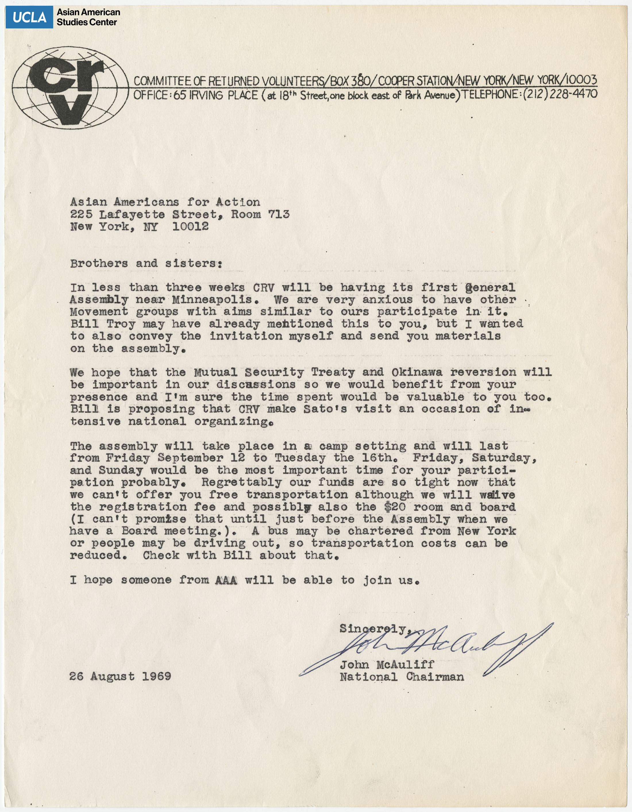 Letter regarding the assembly of Committee of Returned Volunteers.