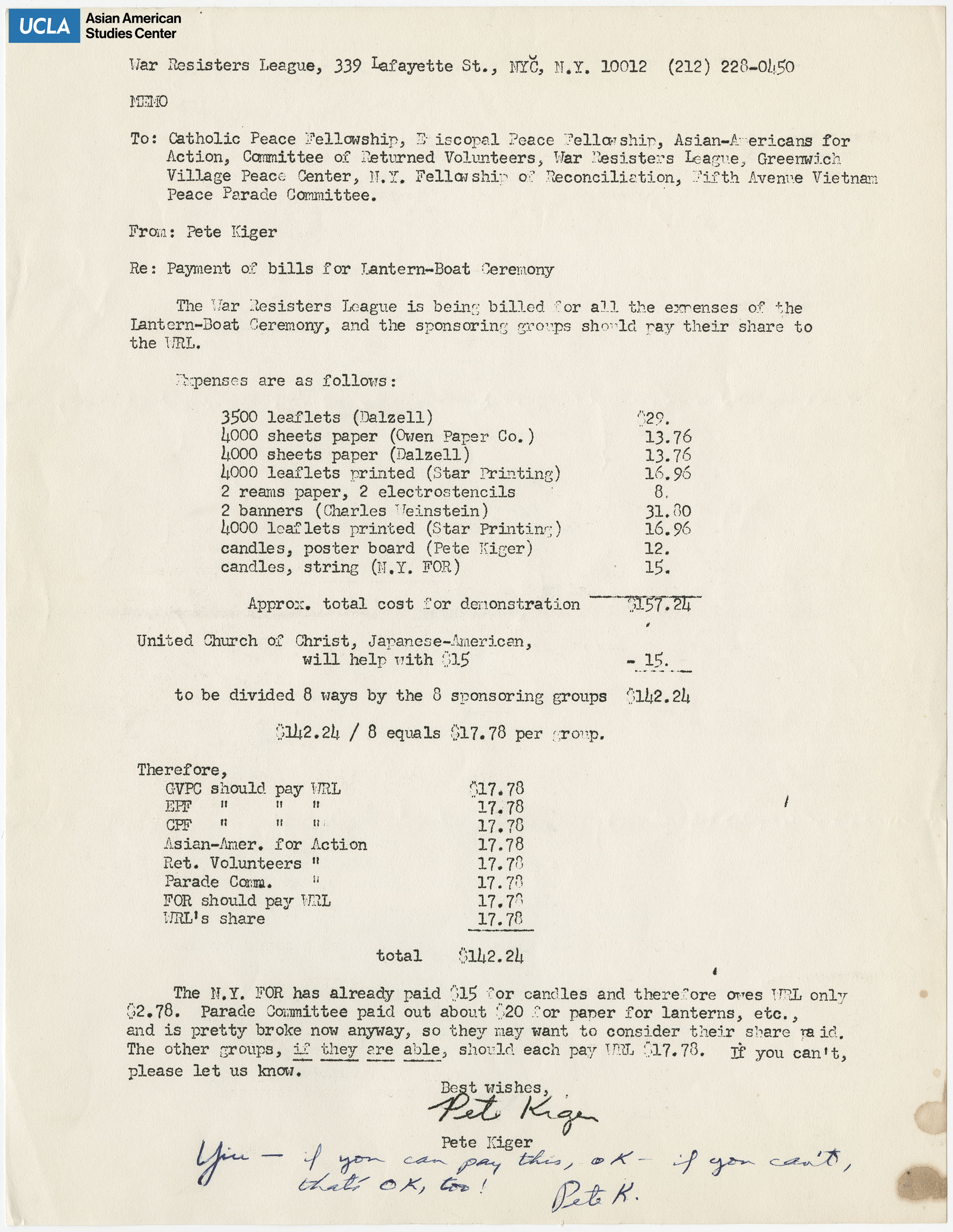 Memo of billing expenses billed to the War Registers League.