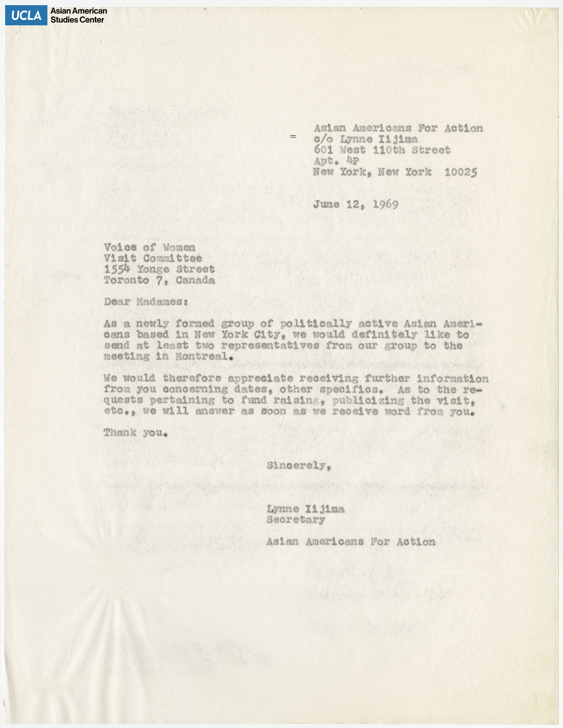 Letter regarding sending two representatives from the Asian Americans for Action to Montreal, Canada.