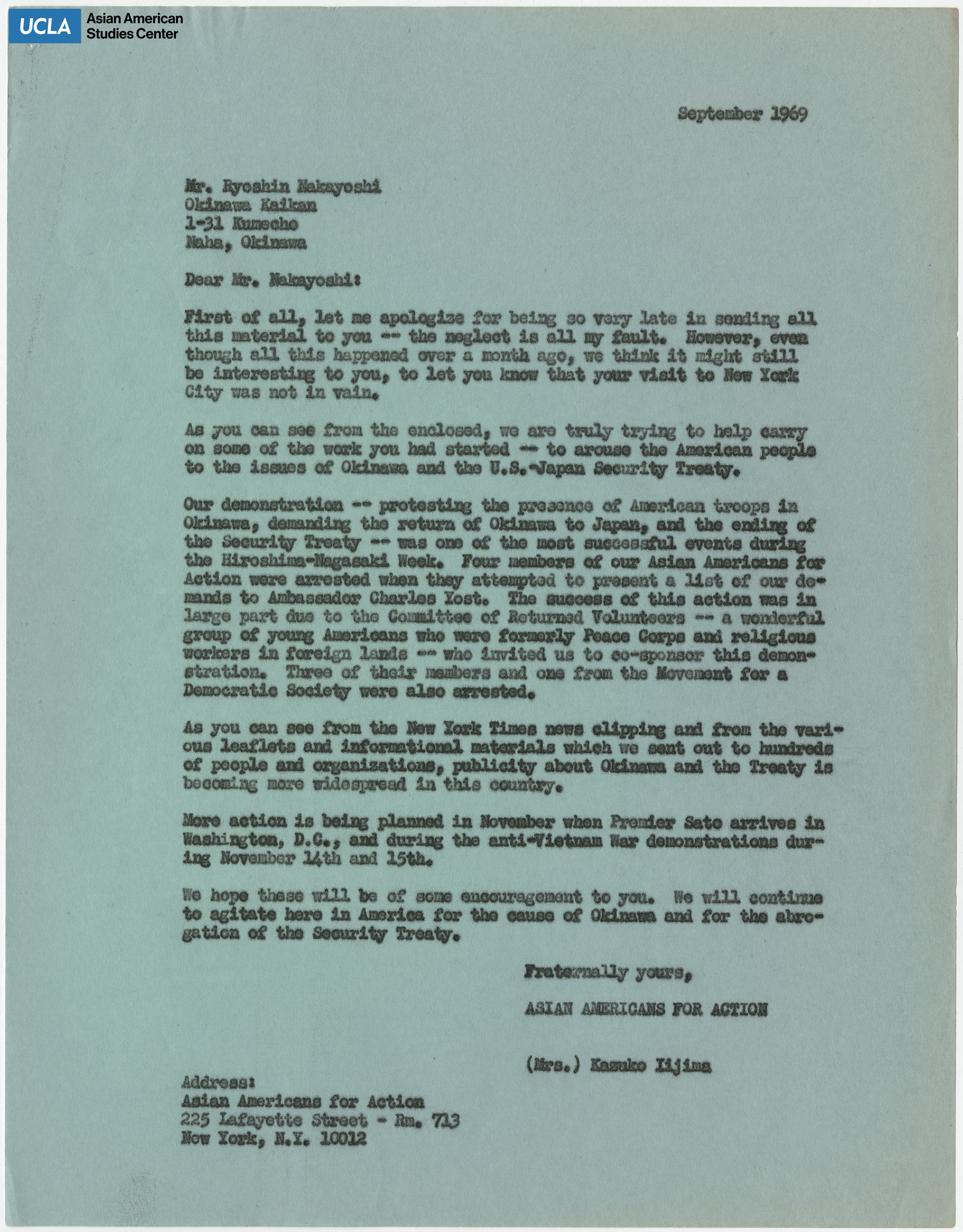 Letter regarding the demonstration of U.S. troops in Okinawa and the U.S. Japan Security Treaty.