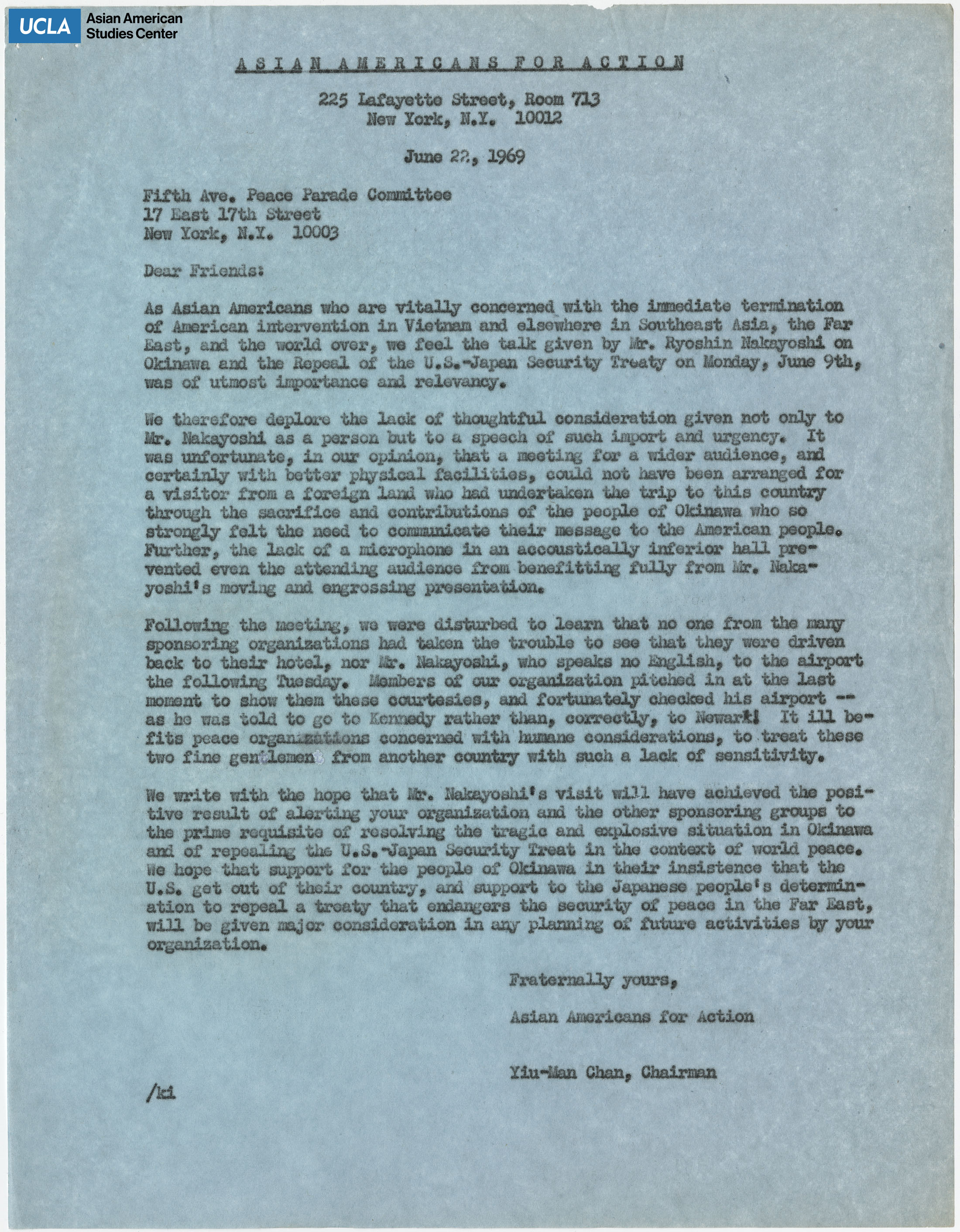Letter regarding the demonstration of U.S. troops in Okinawa and the U.S. Japan Security Treaty.