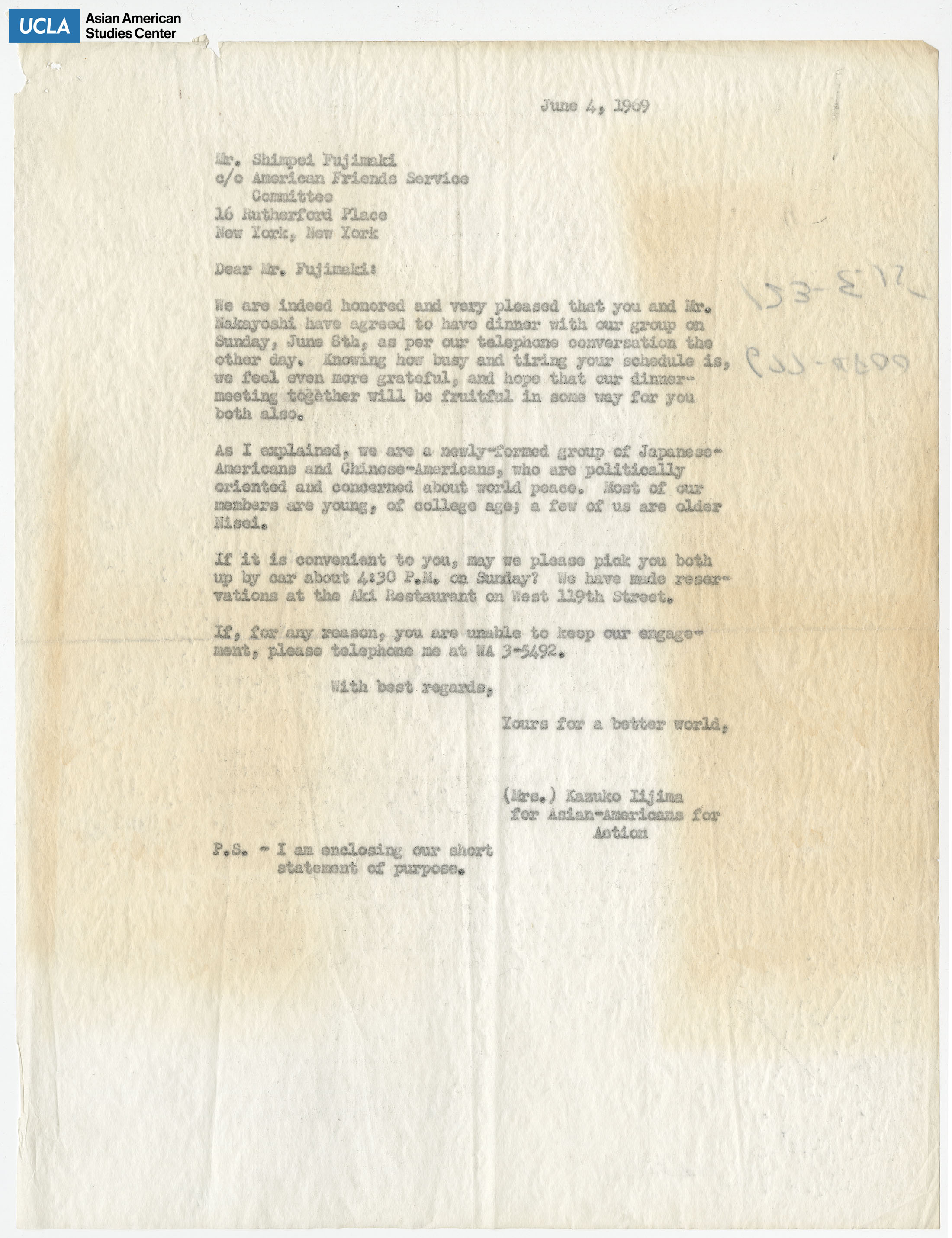 Letter regarding a dinner reservation.
