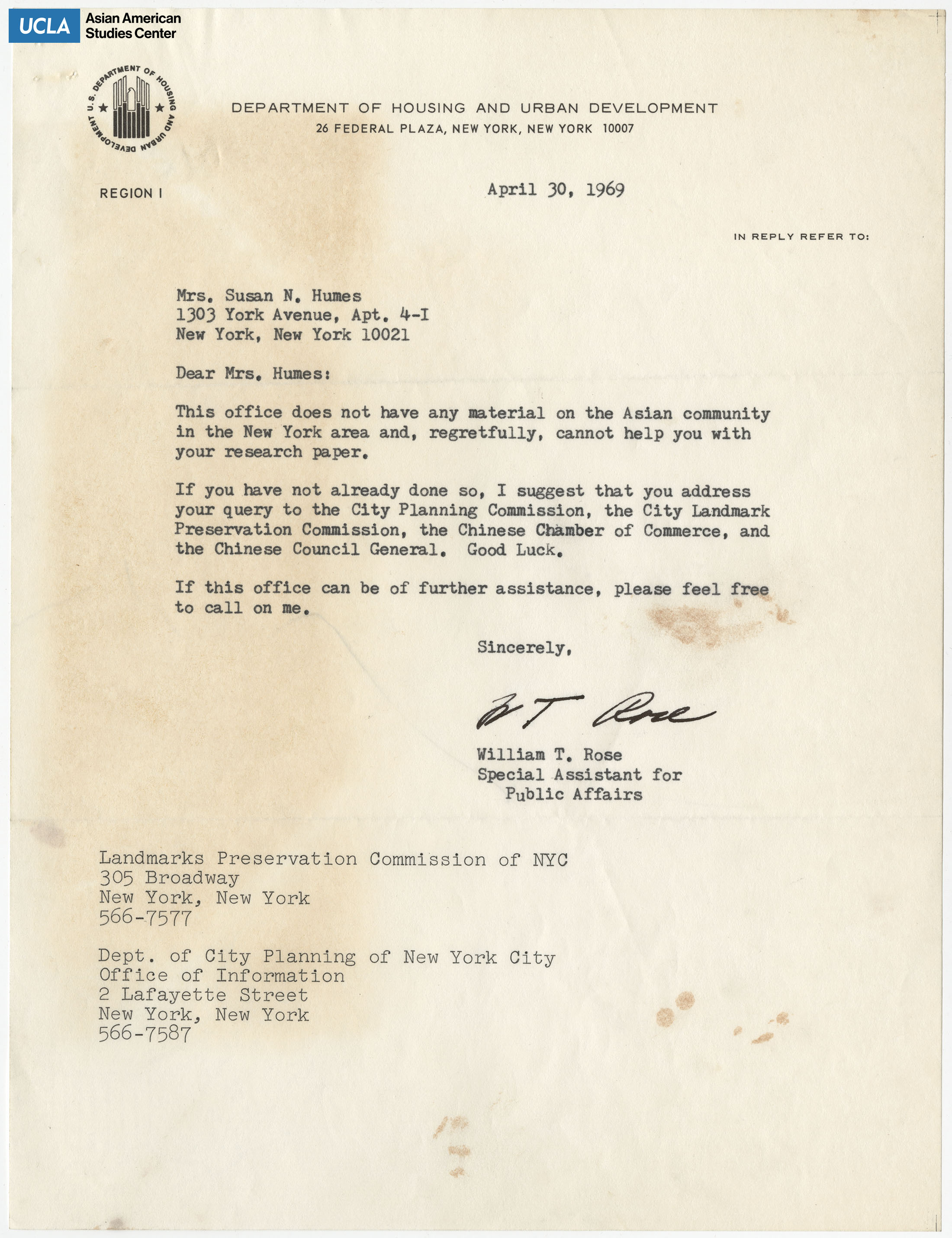 Letter on the department having no research information regarding the Chinatown area and of the Asian community.