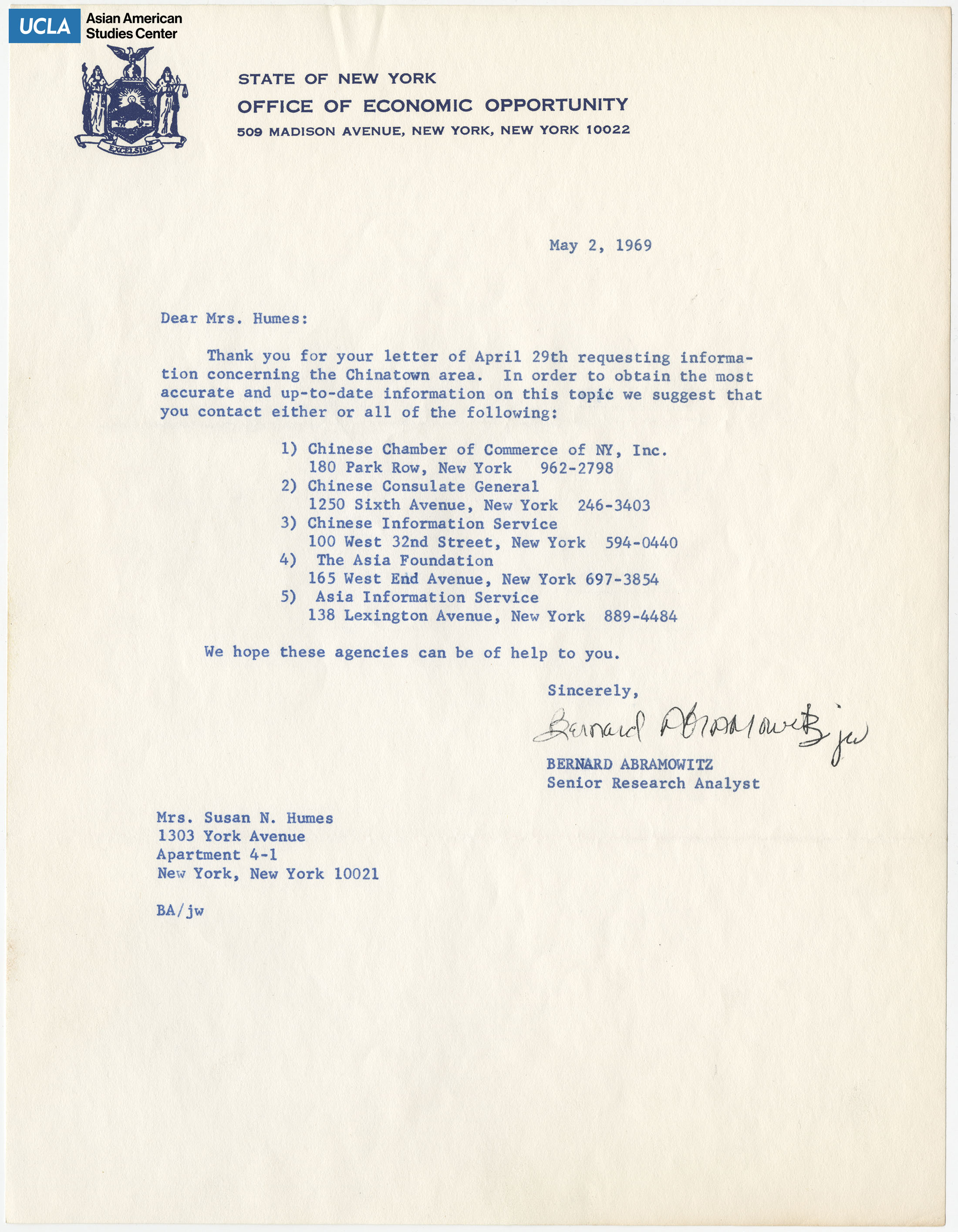 Letter regarding request for information on the Chinatown are redirected to various organizations.