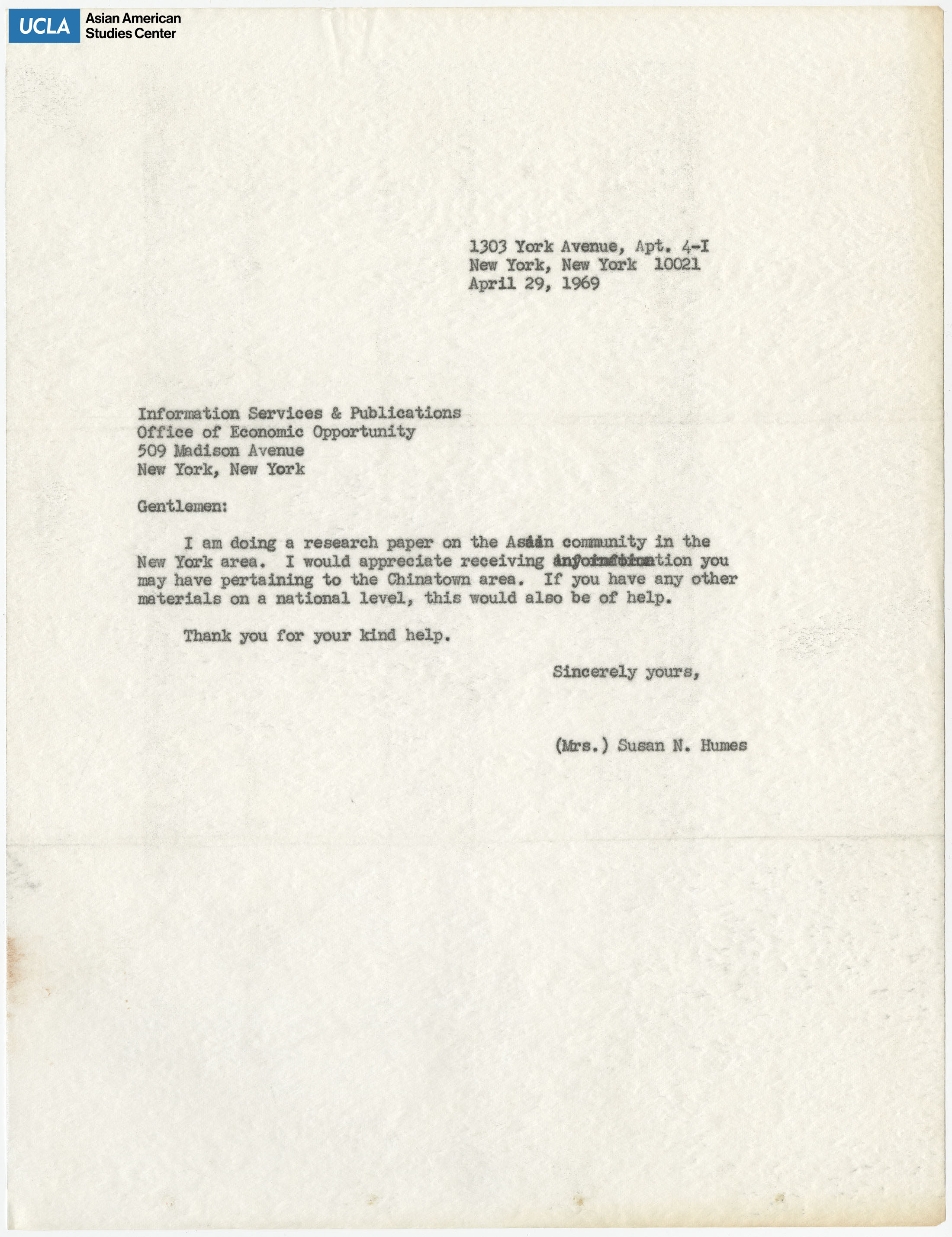 Letter regarding request for a research paper on the New York Asian community.