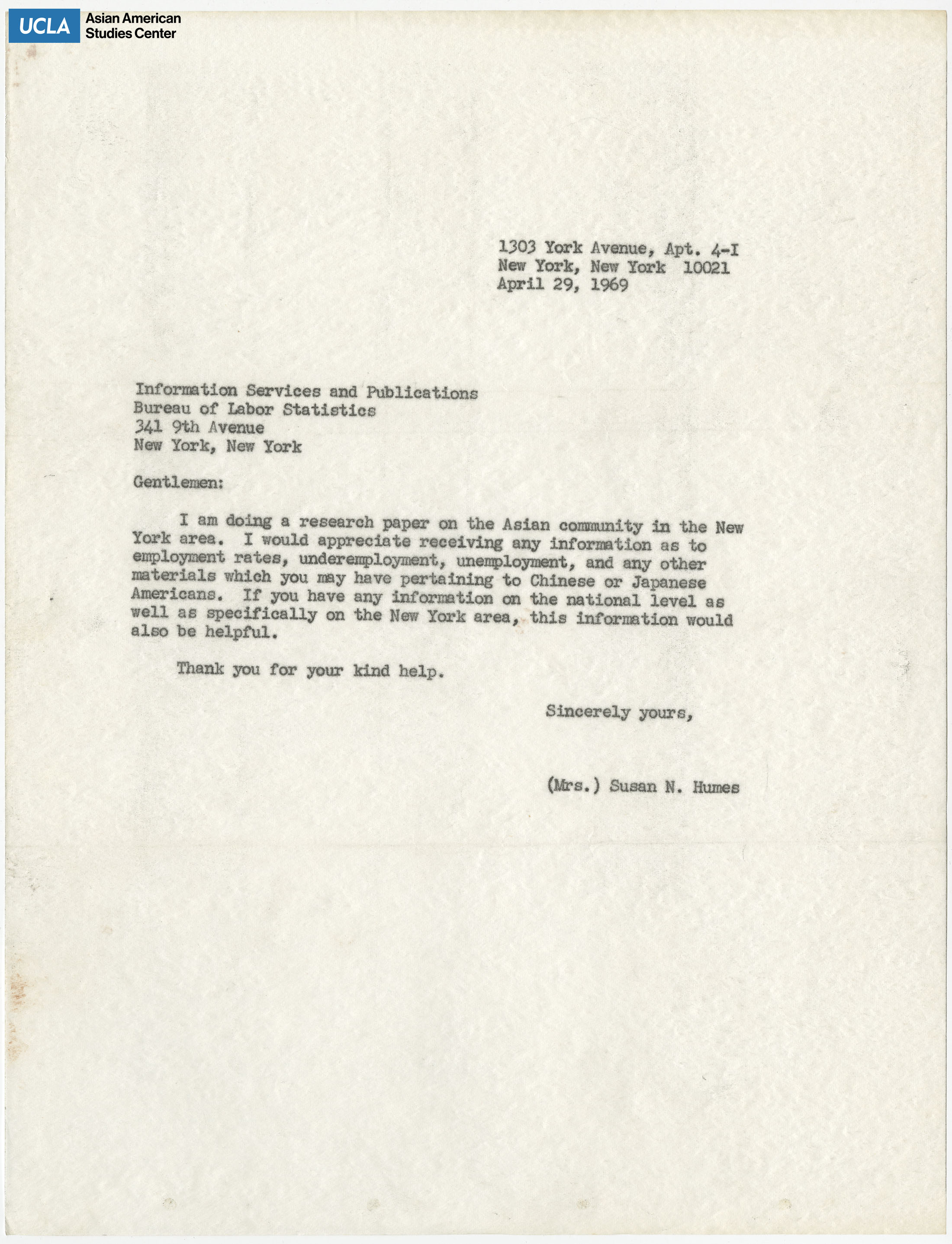 Letter regarding request for a research paper on the New York Asian community.