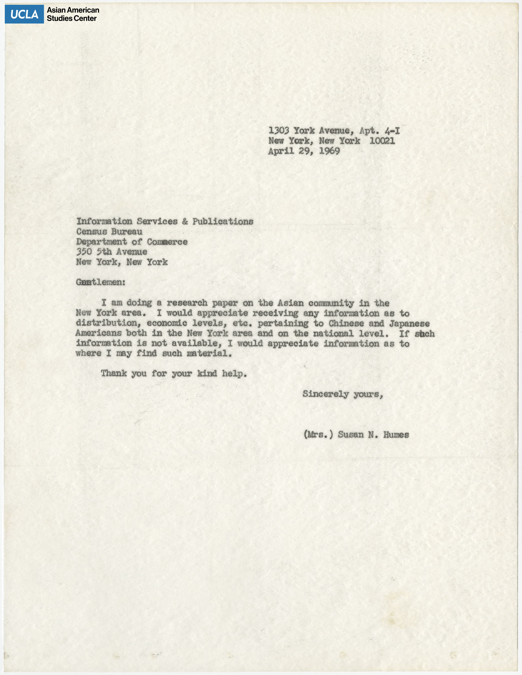 Letter regarding request for a research paper on the New York Asian community.