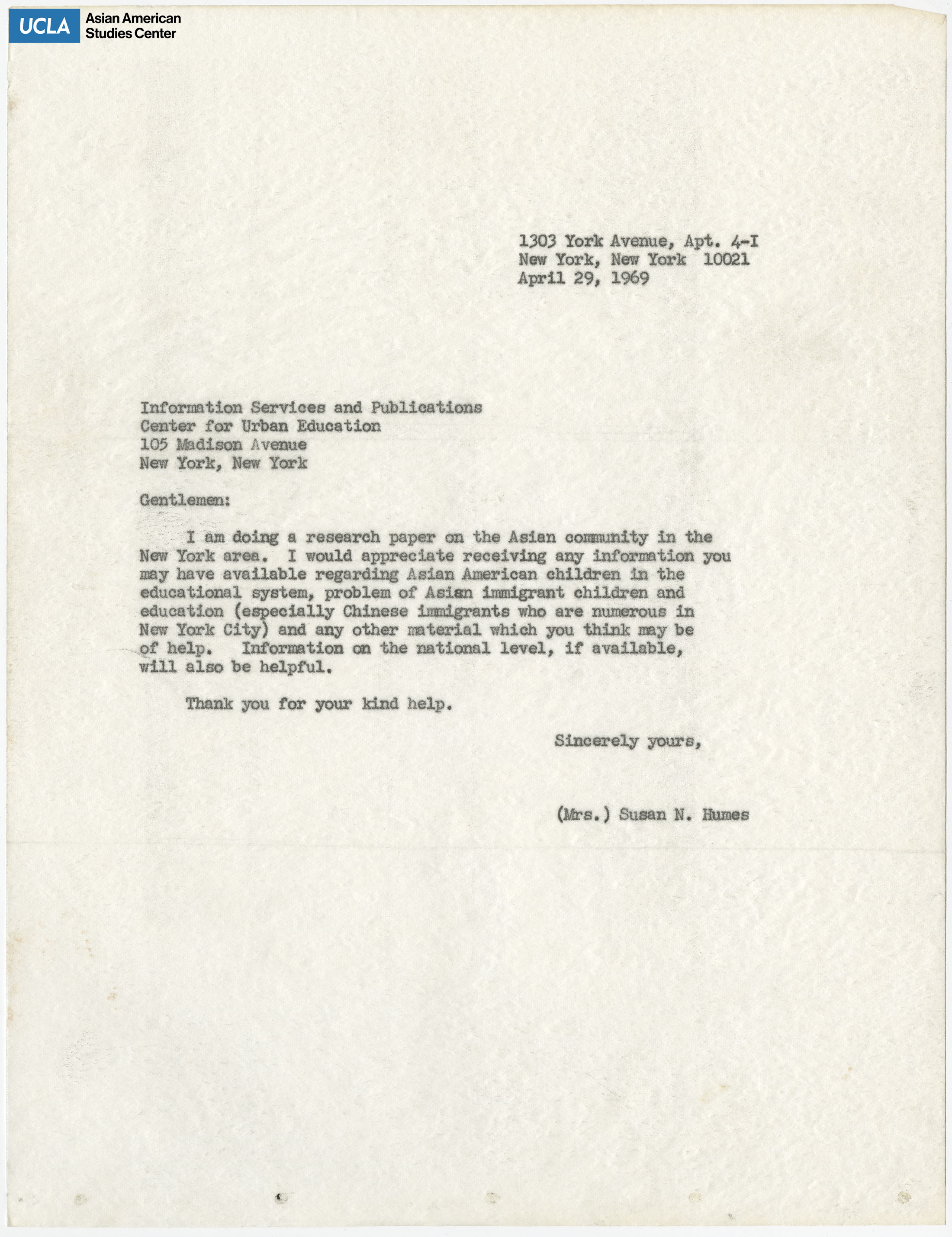 Letter regarding request for a research paper on the New York Asian community.
