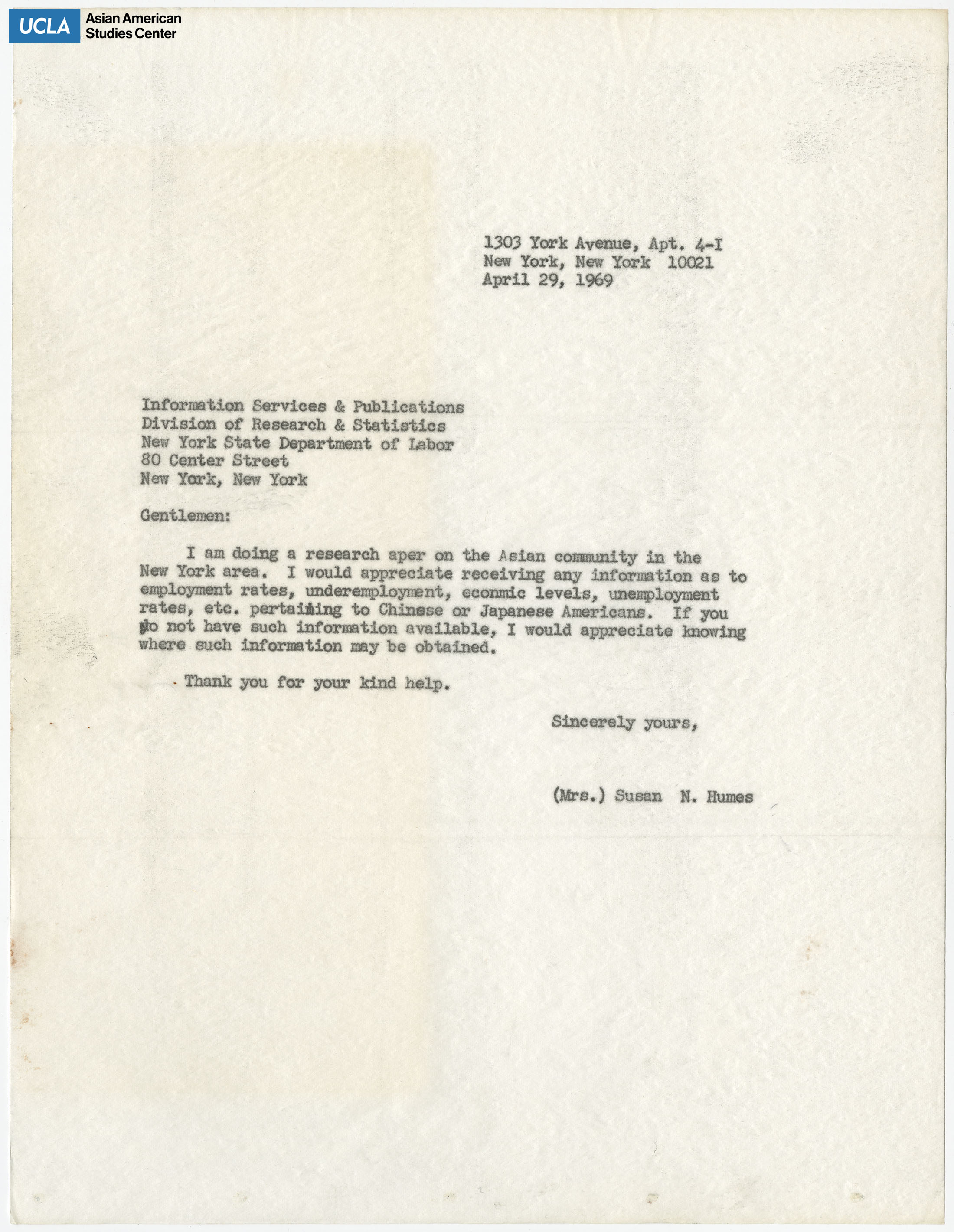 Letter regarding request for a research paper on the New York Asian community.