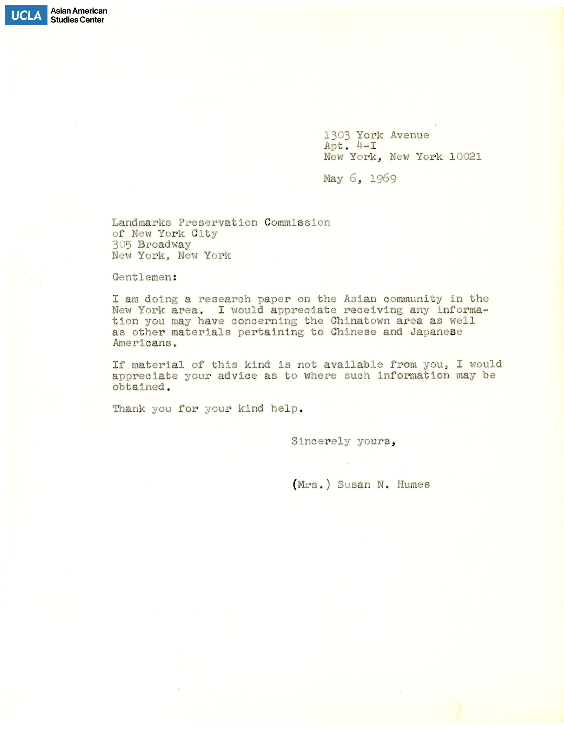Letter regarding request for a research paper on the New York Asian community.