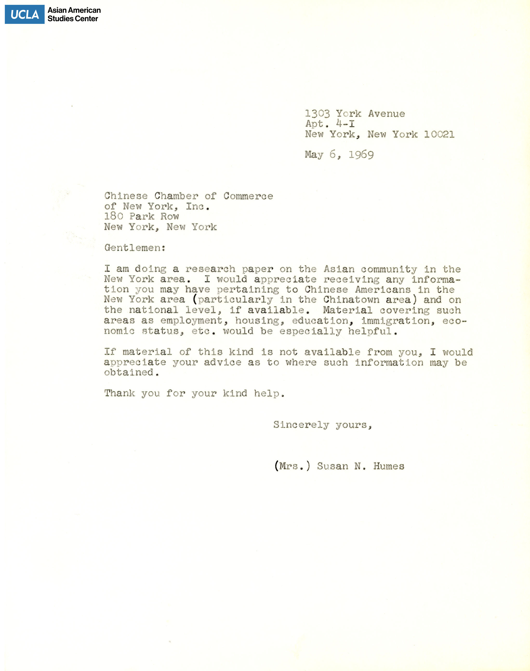 Letter regarding request for a research paper on the New York Asian community.