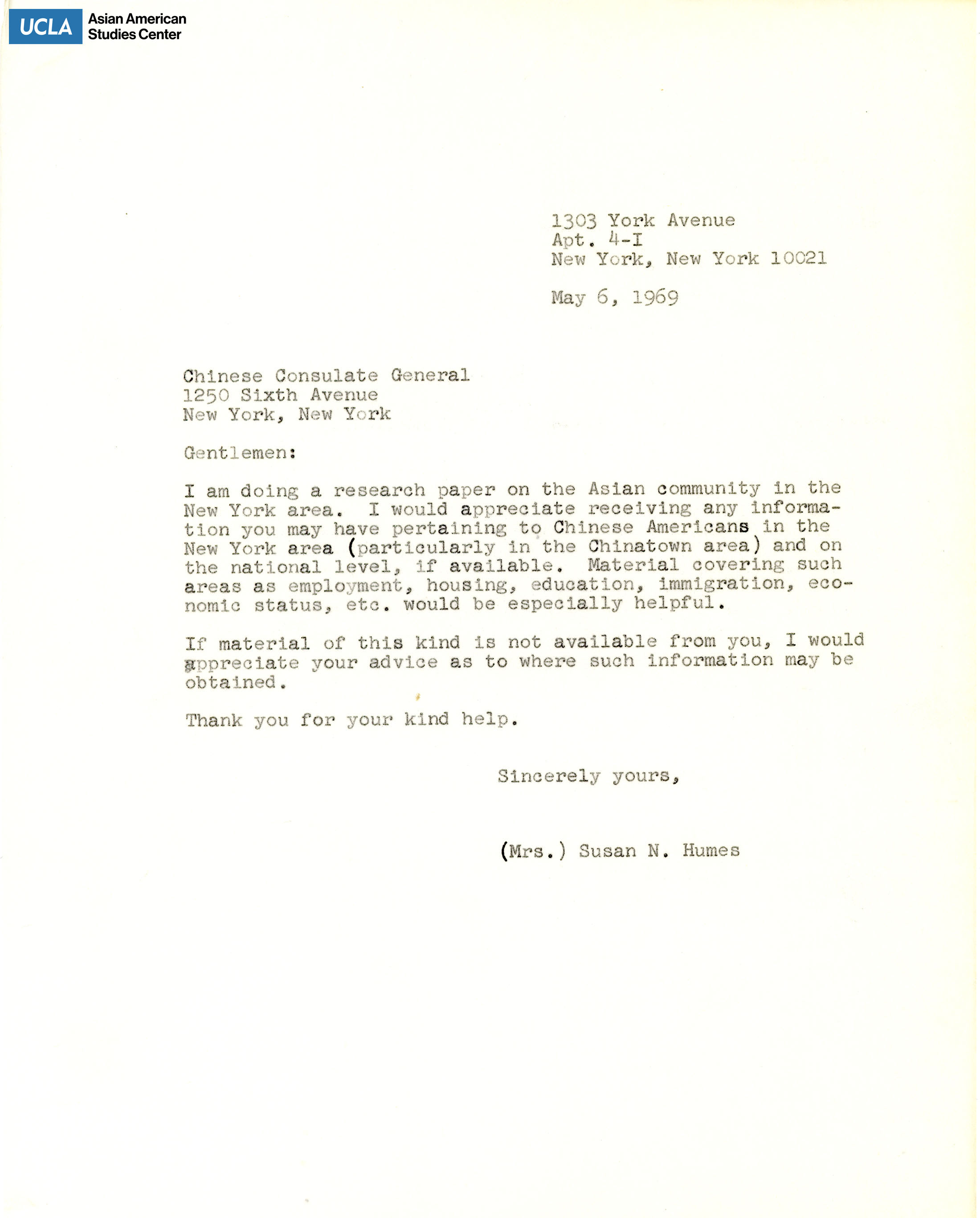 Letter regarding request for a research paper on the New York Asian community.