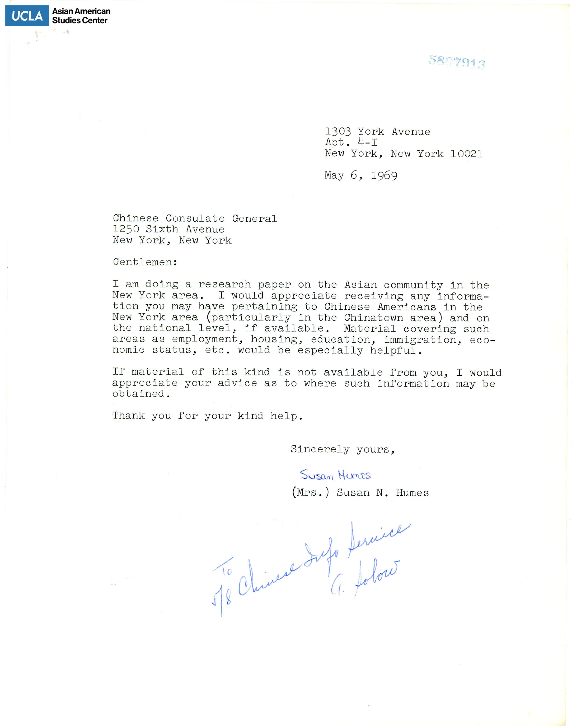 Letter regarding request for a research paper on the New York Asian community. Includes notes: 