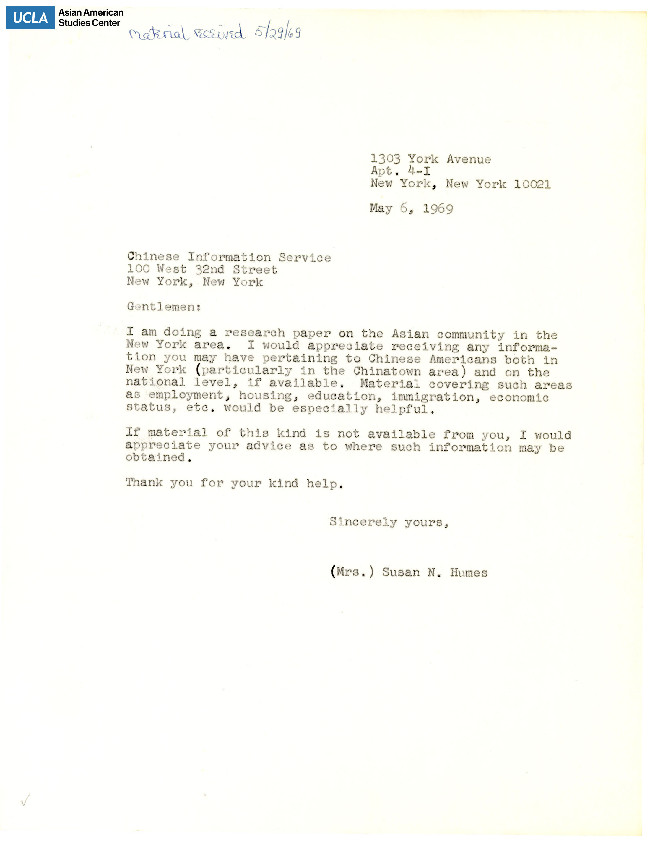 Letter regarding request for a research paper on the New York Asian community. Includes note: 