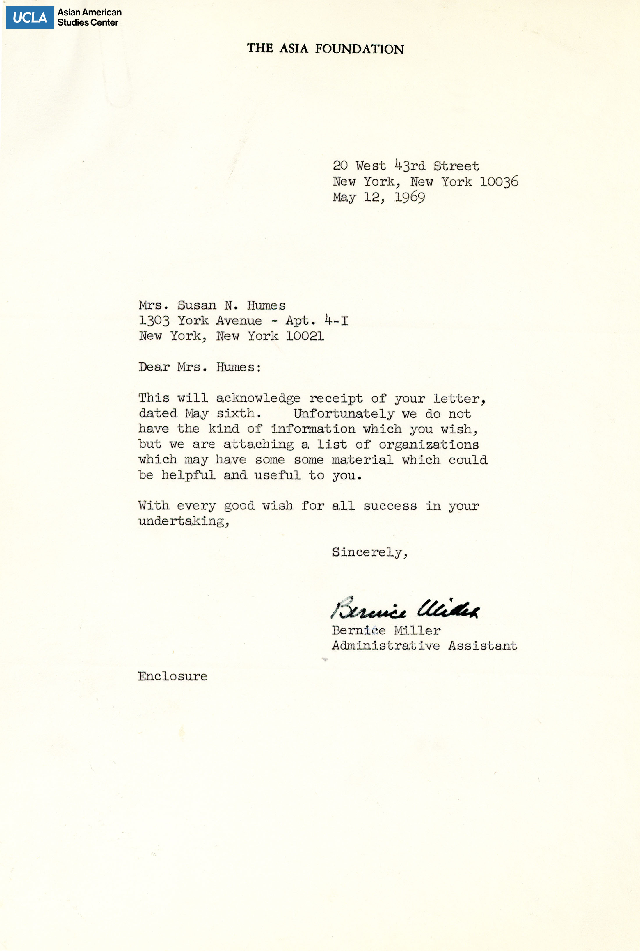 Letter regarding request for a research paper on the New York Asian community.