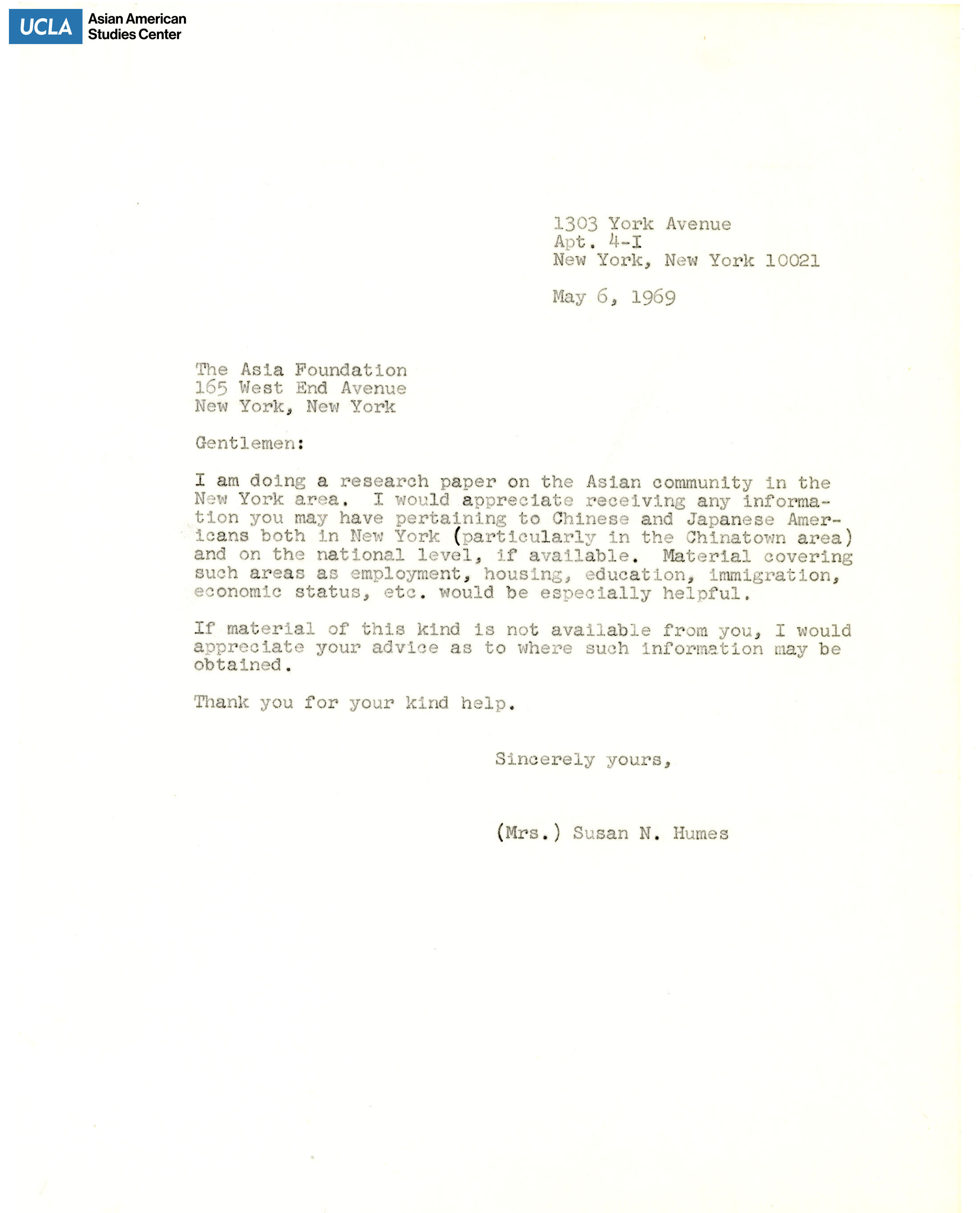 Letter regarding request for a research paper on the New York Asian community.