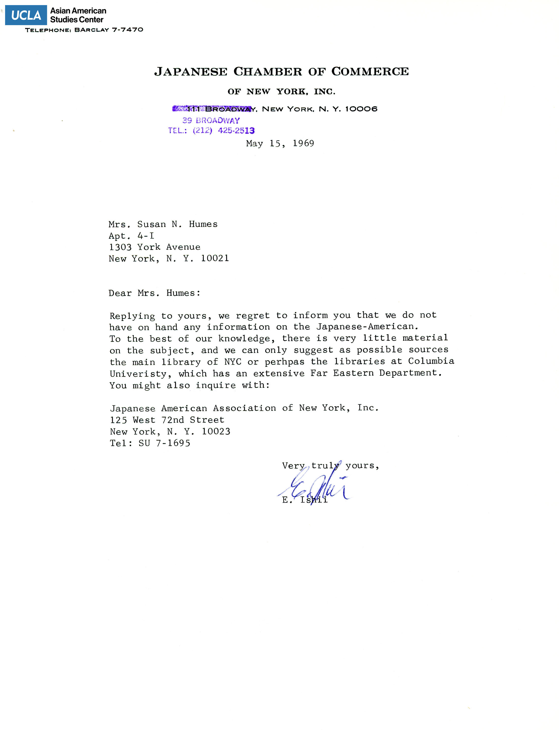 Letter regarding having no information regarding the New York Asian community and employment information of Asians.
