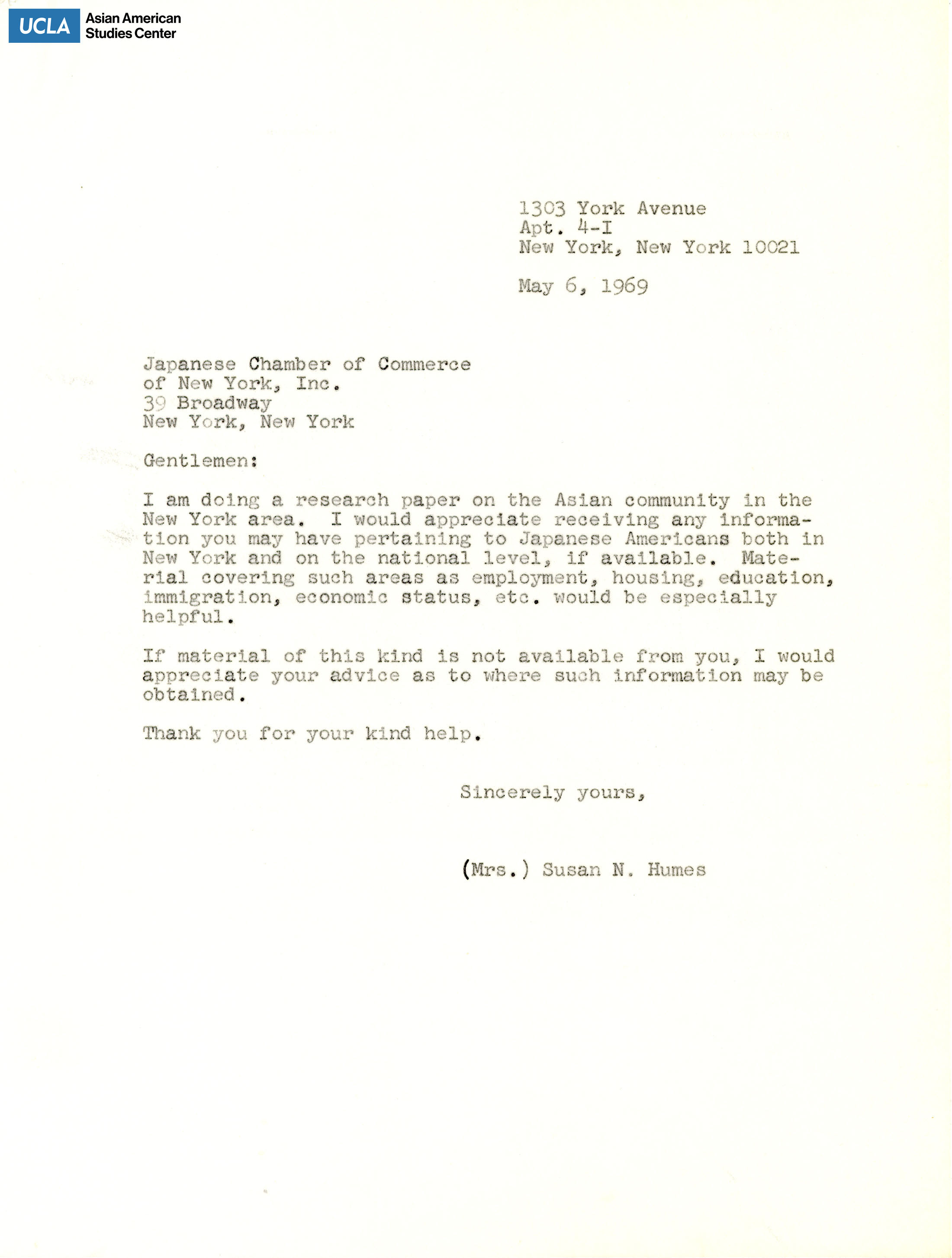 Letter regarding request for a research paper on the New York Asian community.