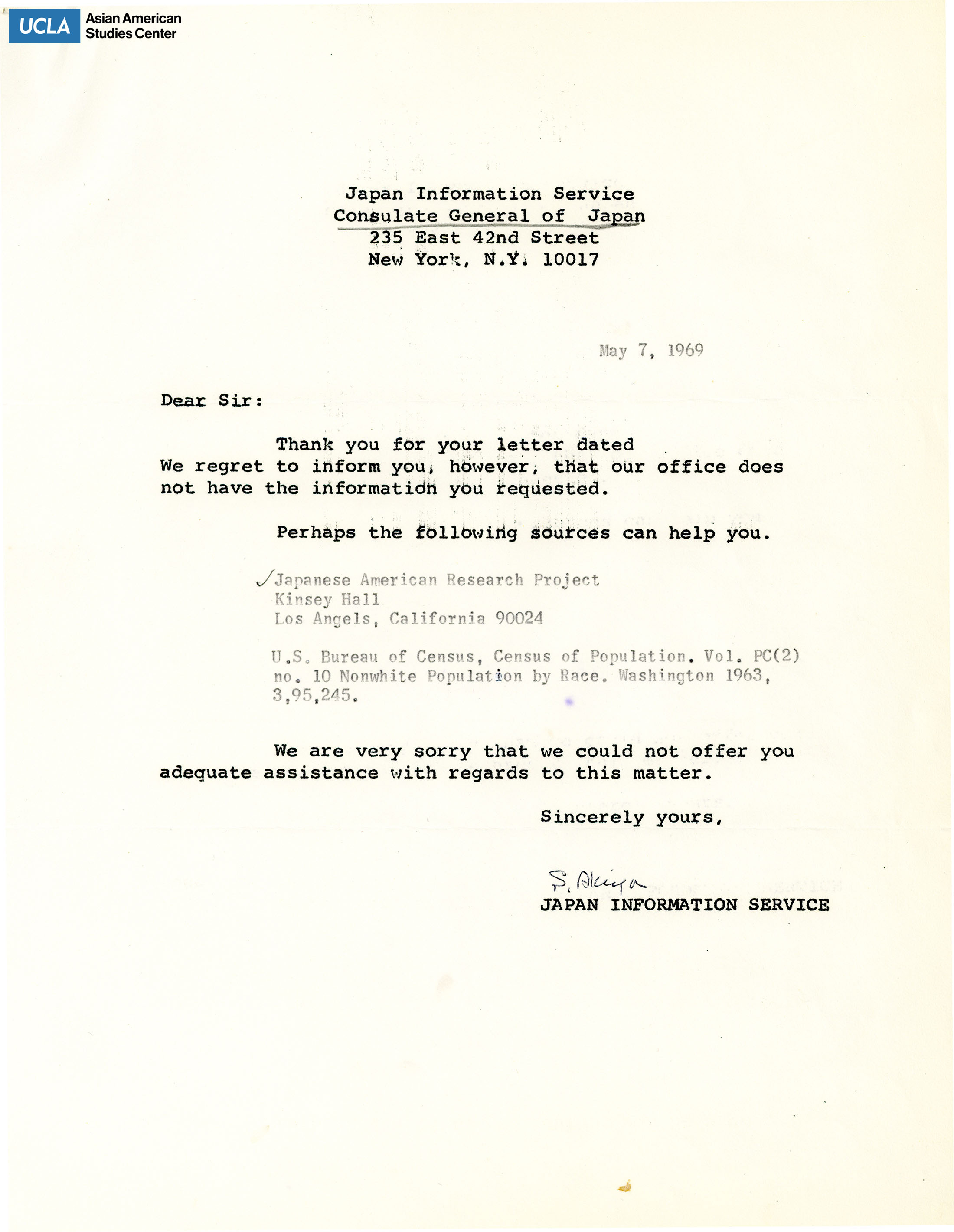 Letter regarding having no information regarding the New York Asian community and employment information of Asians.