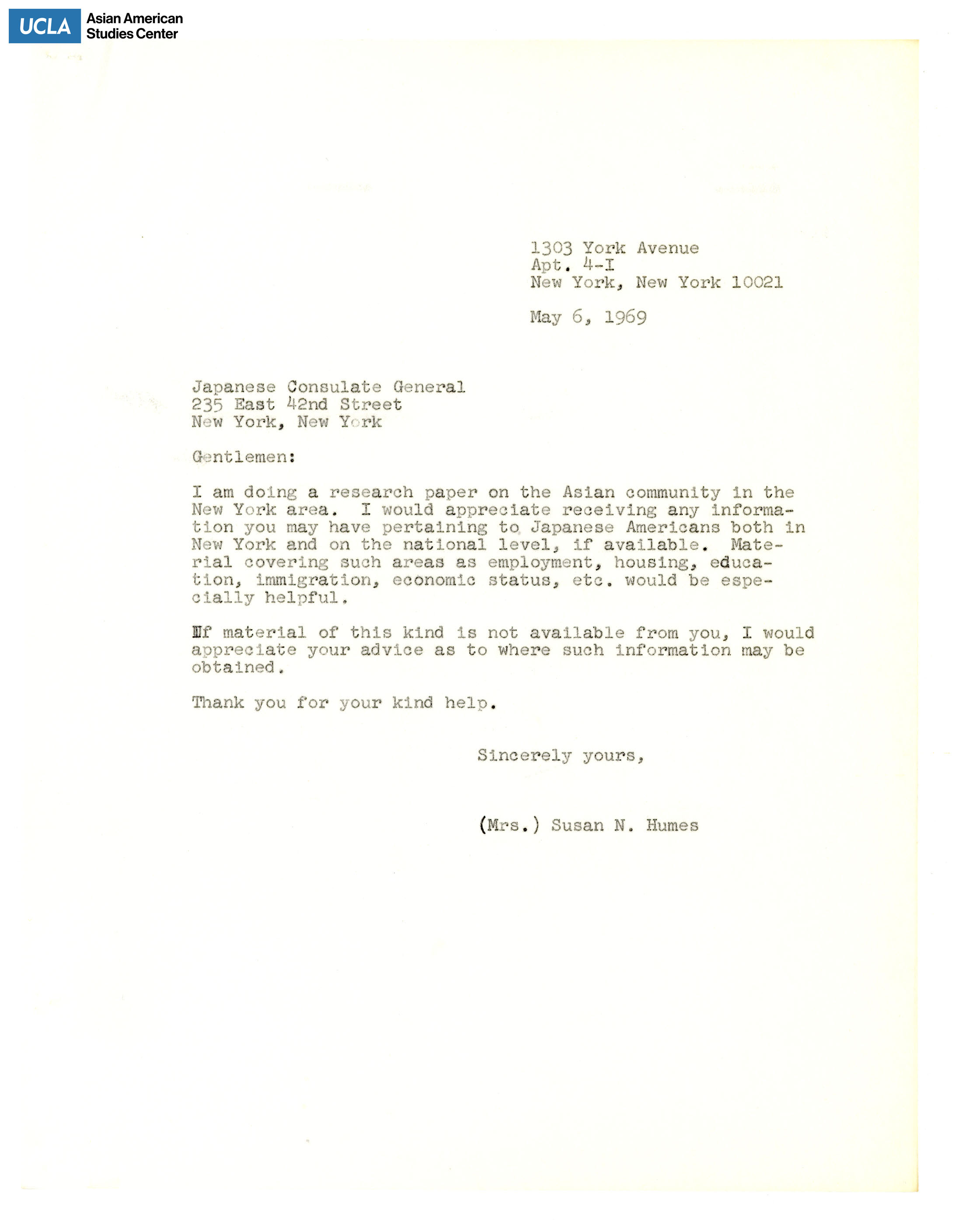 Letter regarding request for a research paper on the New York Asian community.