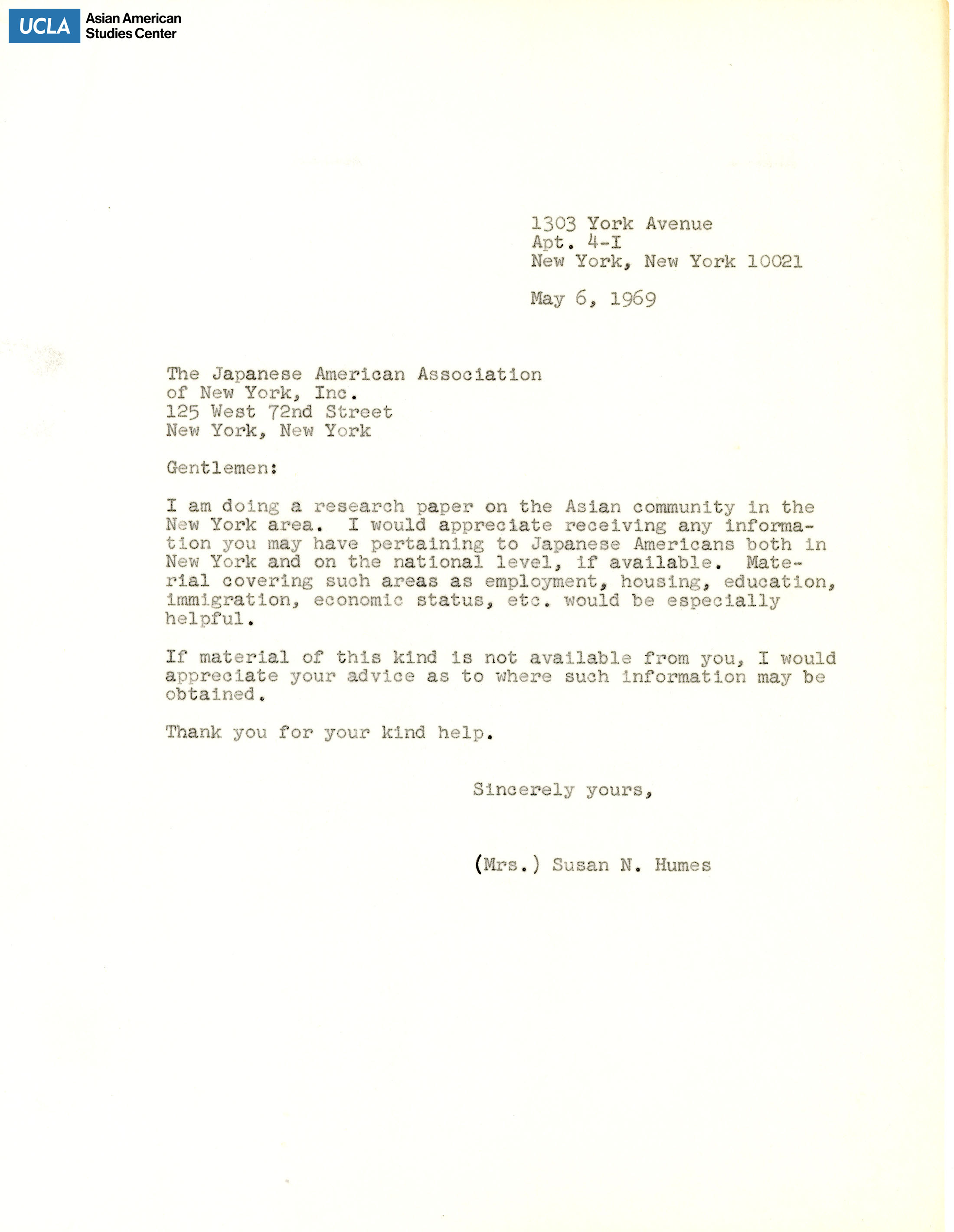 Letter regarding request for a research paper on the New York Asian community.