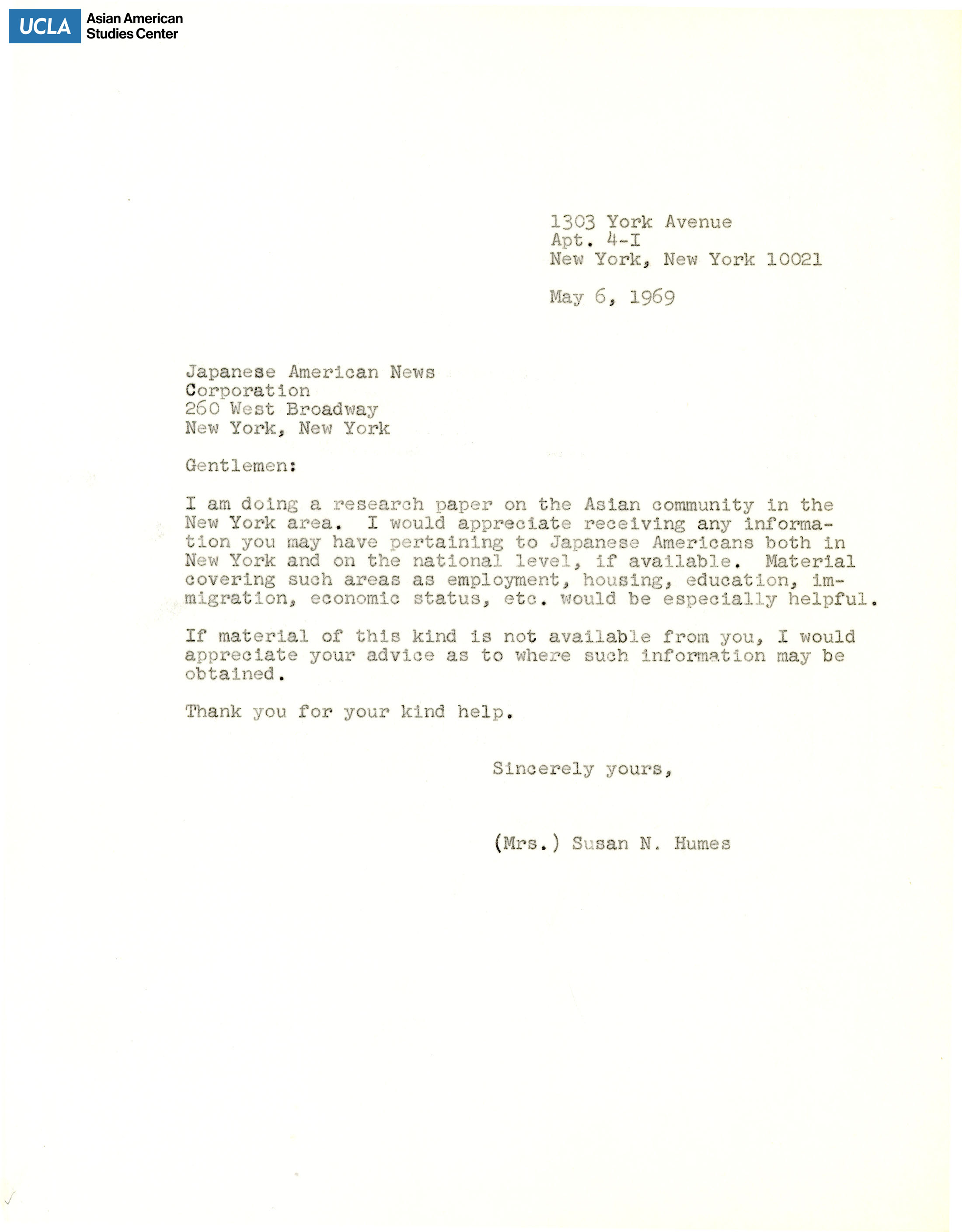 Letter regarding request for a research paper on the New York Asian community.