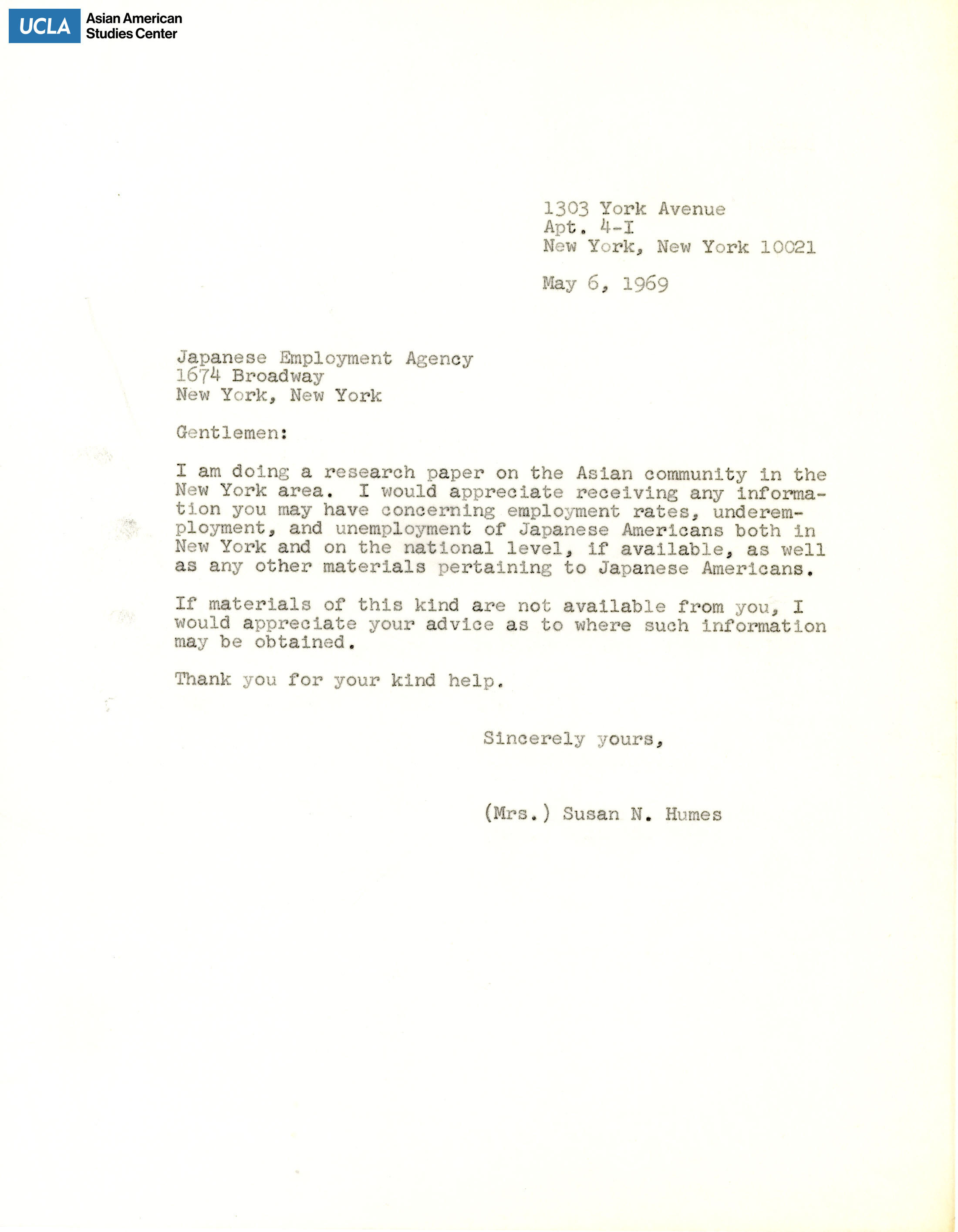 Letter regarding request for a research paper on the New York Asian community.