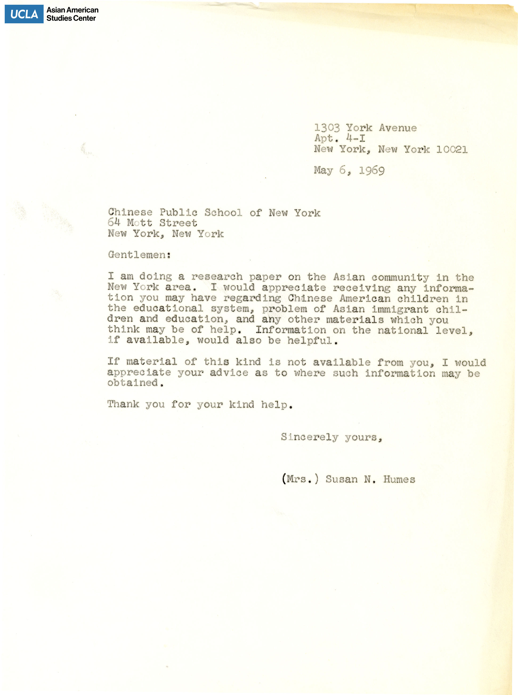 Letter regarding request for a research paper on the New York Asian community.