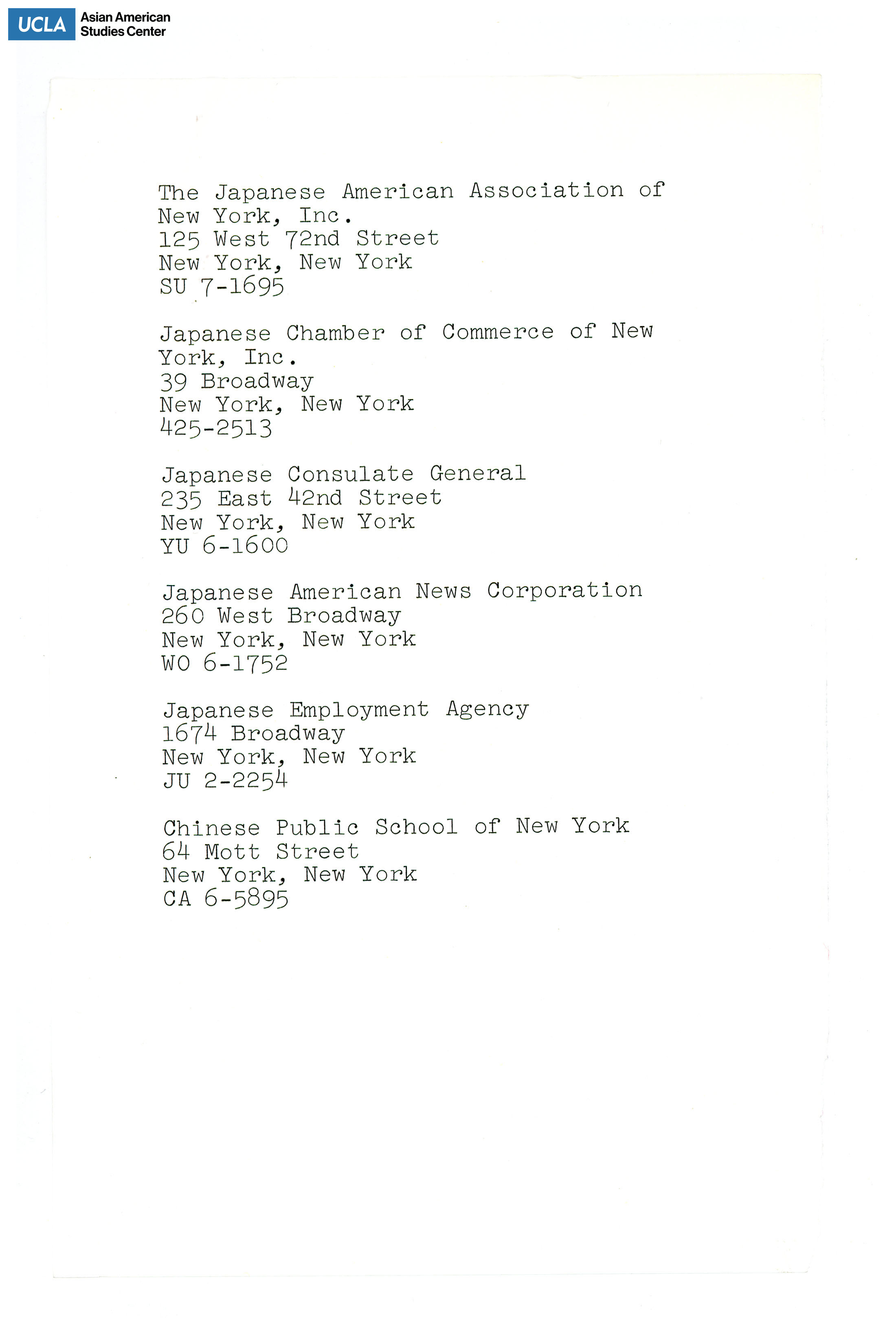 List of Asian organization addresses in New York.