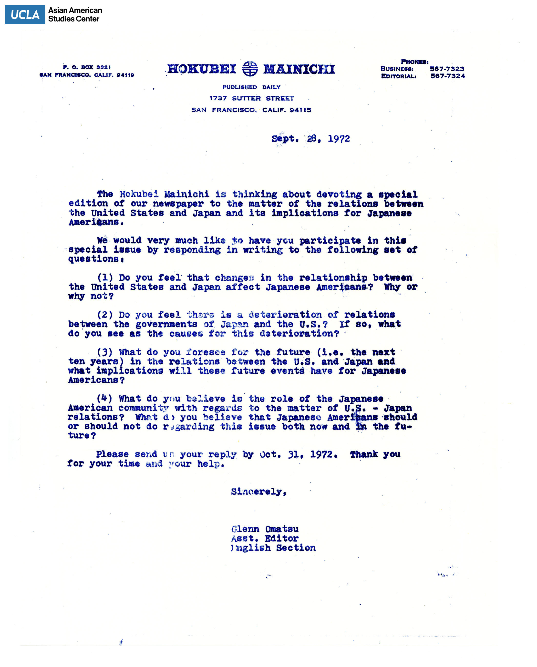 Letter regarding a newspaper on the relationship between the United States and Japan and the implications of Japanese Americans.