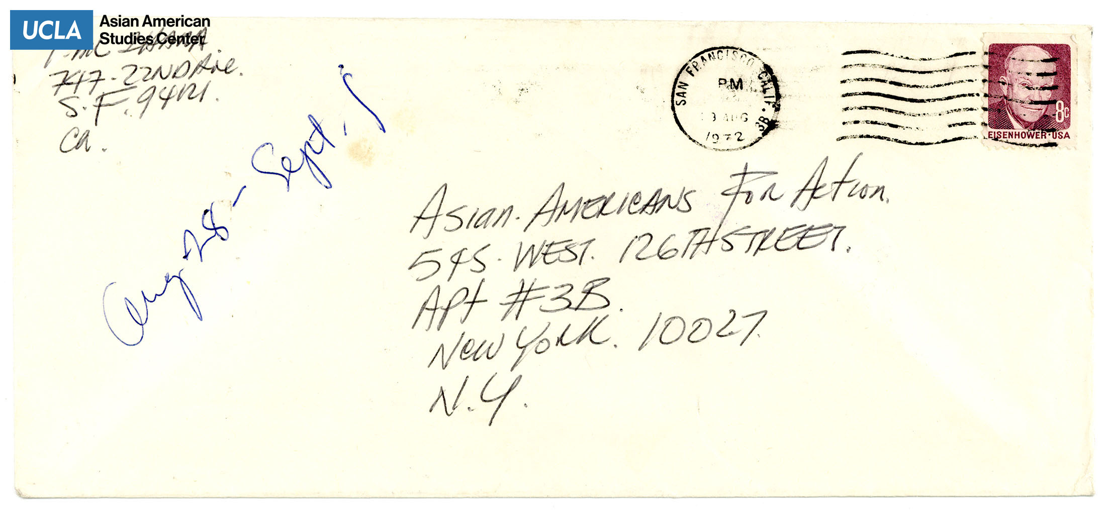 Envelope addressed to Asian Americans for Action. Postmarked on August 1972.