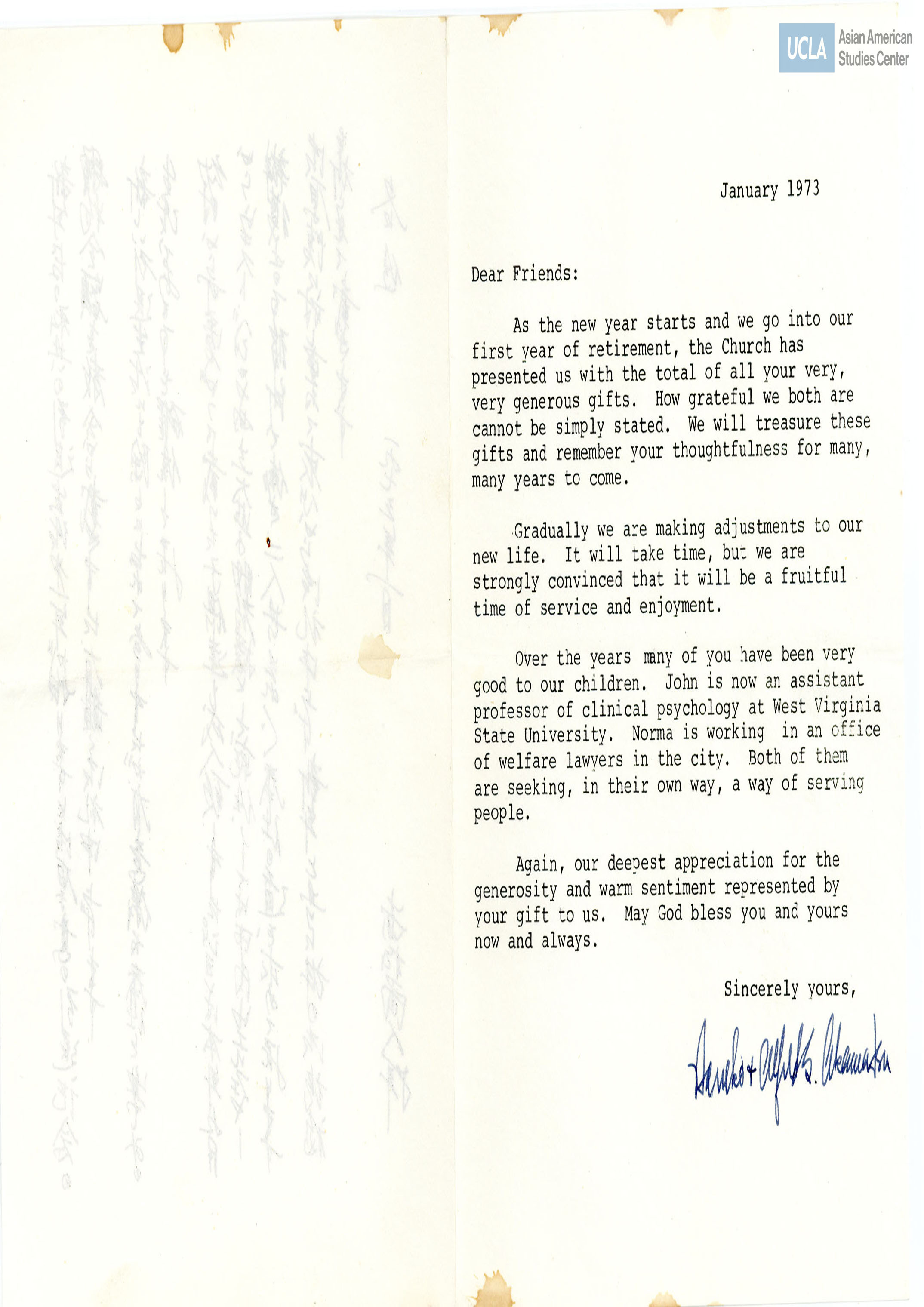 Letter of thanks for gifts.