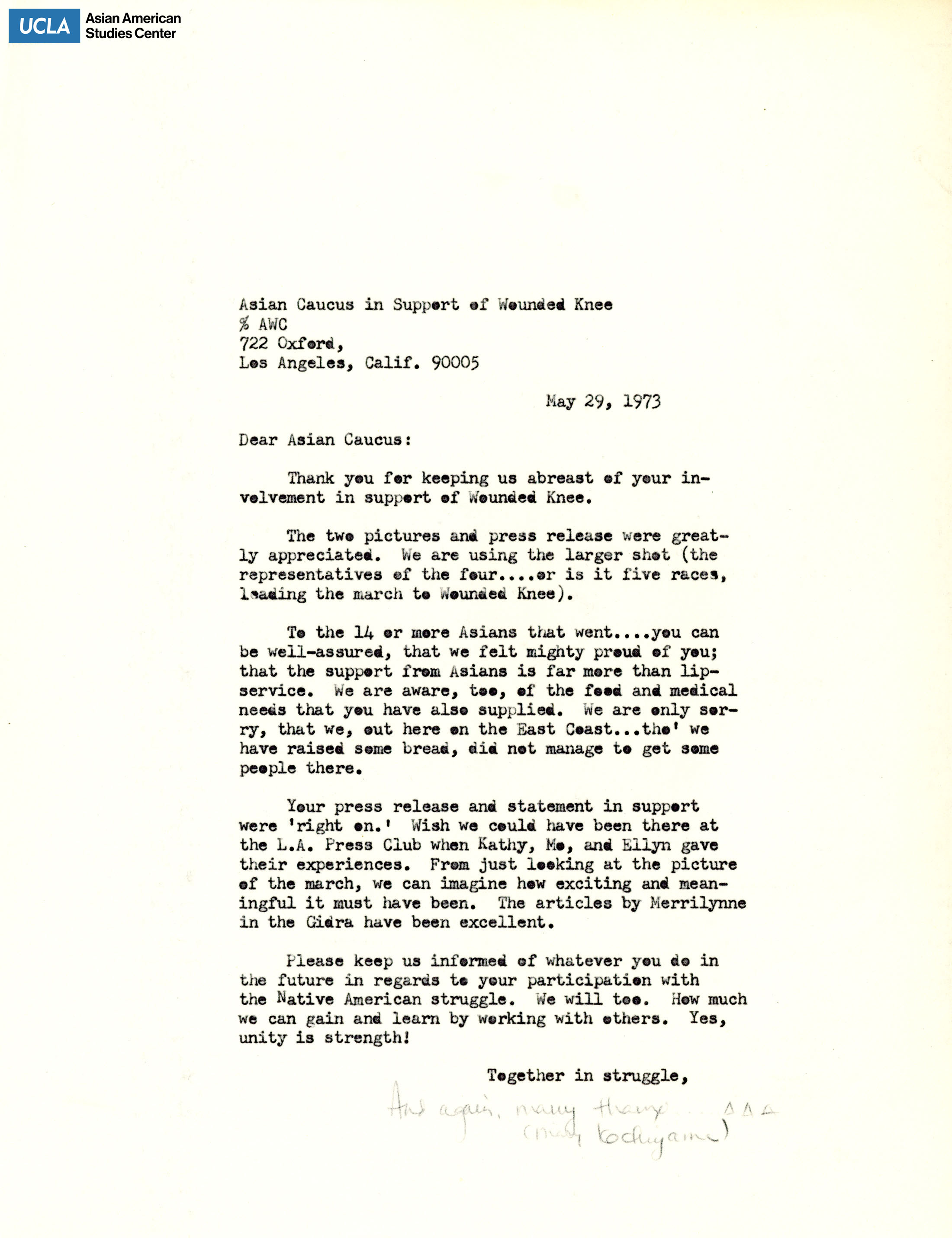 Letter regarding Asian American for Action's involvement in Wounded Knee.